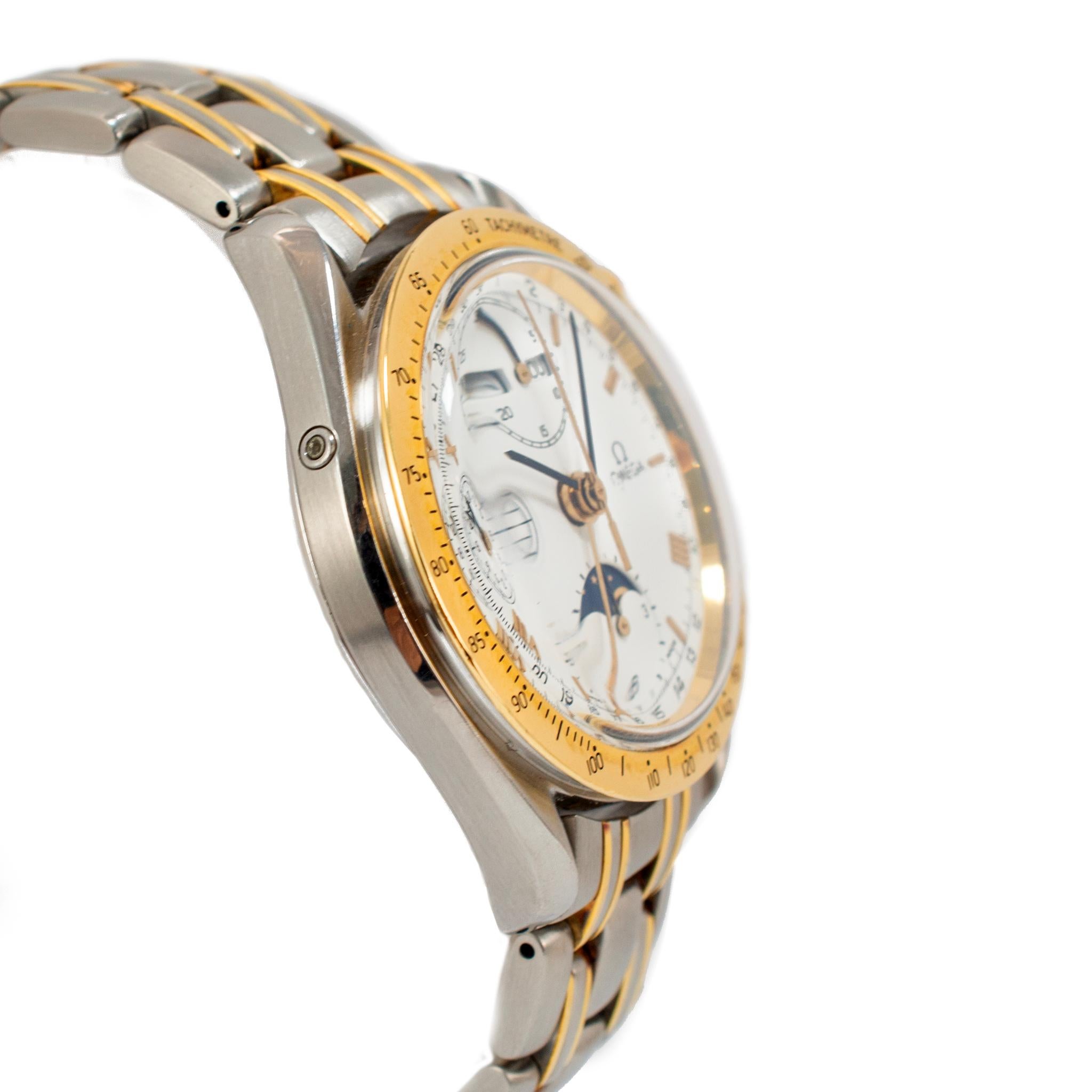 Reloj Vintage Omega Speedmaster Moonphase 39MM Blanco Romano Acero Oro en Excelente estado para la venta en Houston, TX