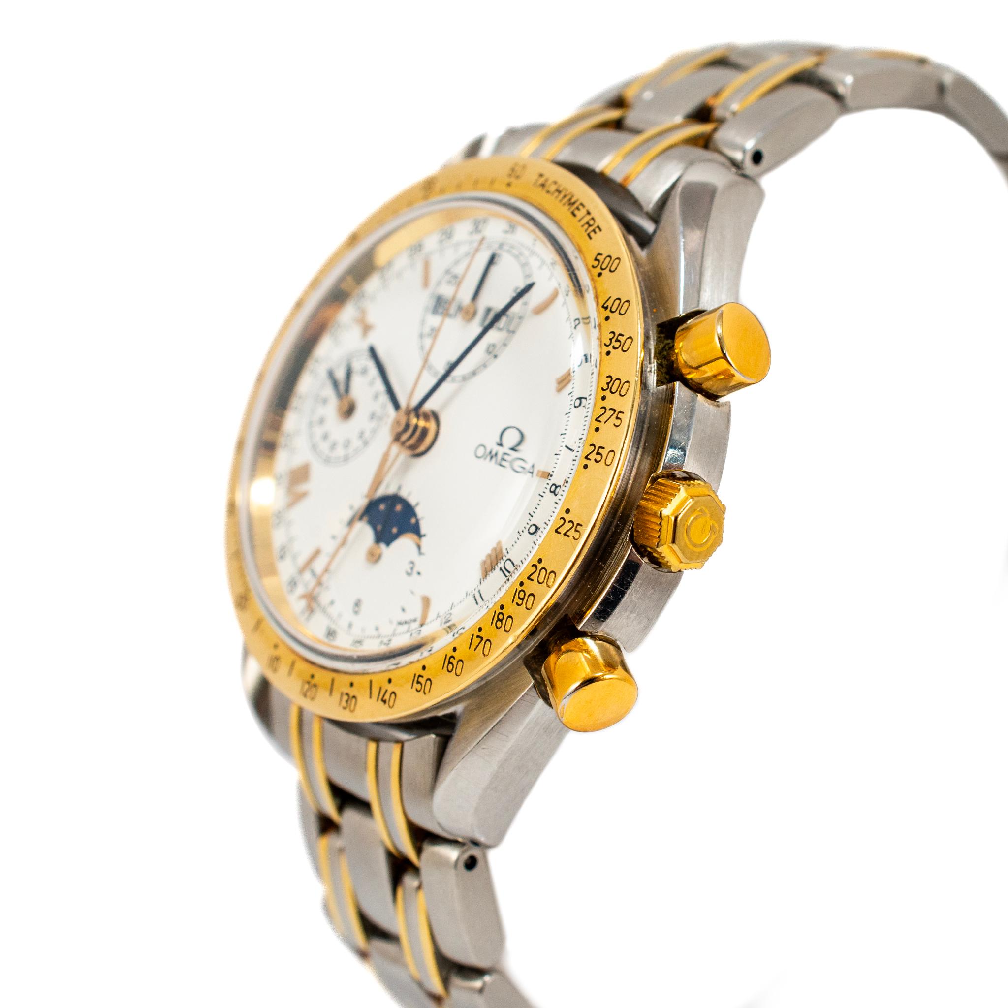 De los hombres Reloj Vintage Omega Speedmaster Moonphase 39MM Blanco Romano Acero Oro en venta