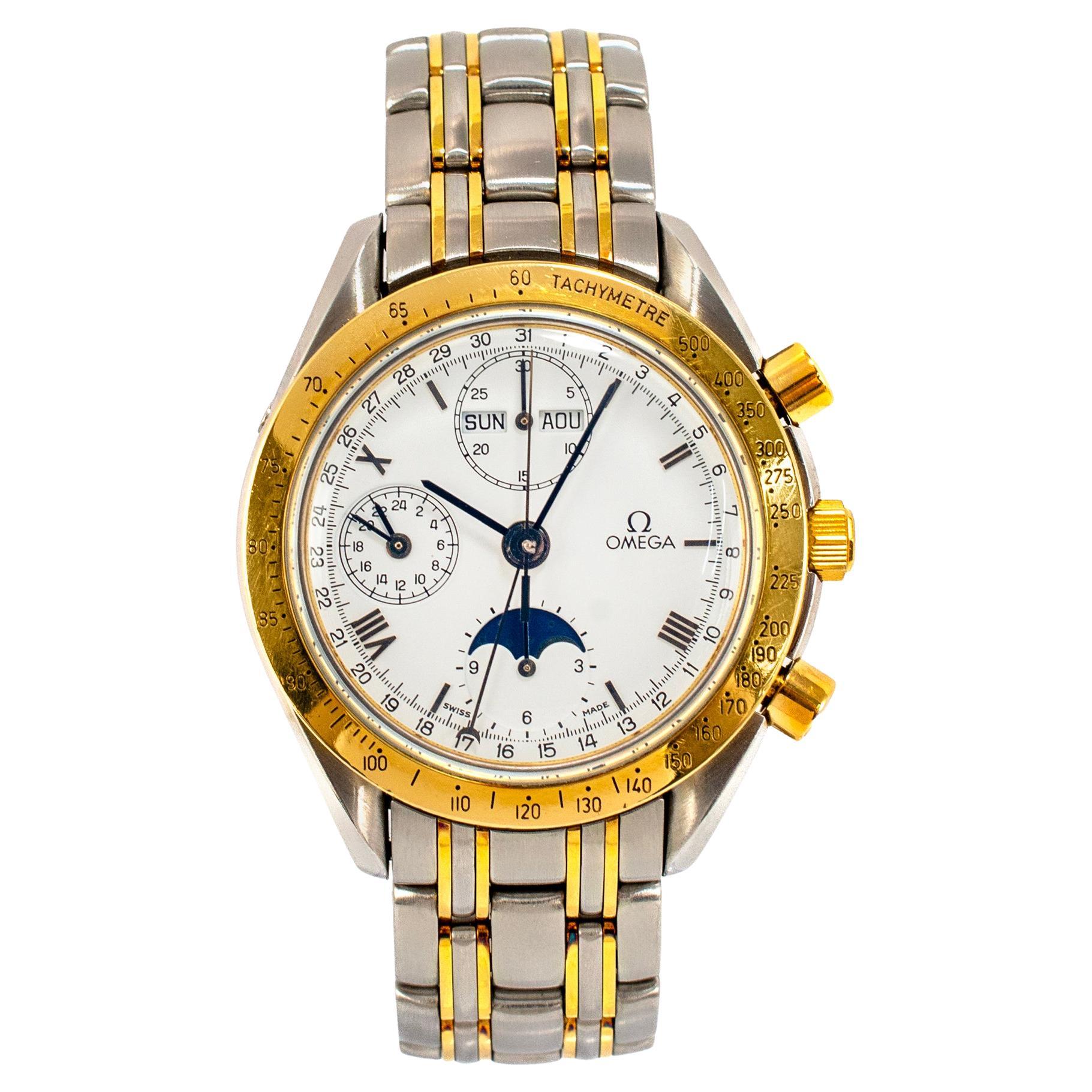 Orologio vintage Omega Speedmaster Moonphase 39MM White Roman Steel Gold