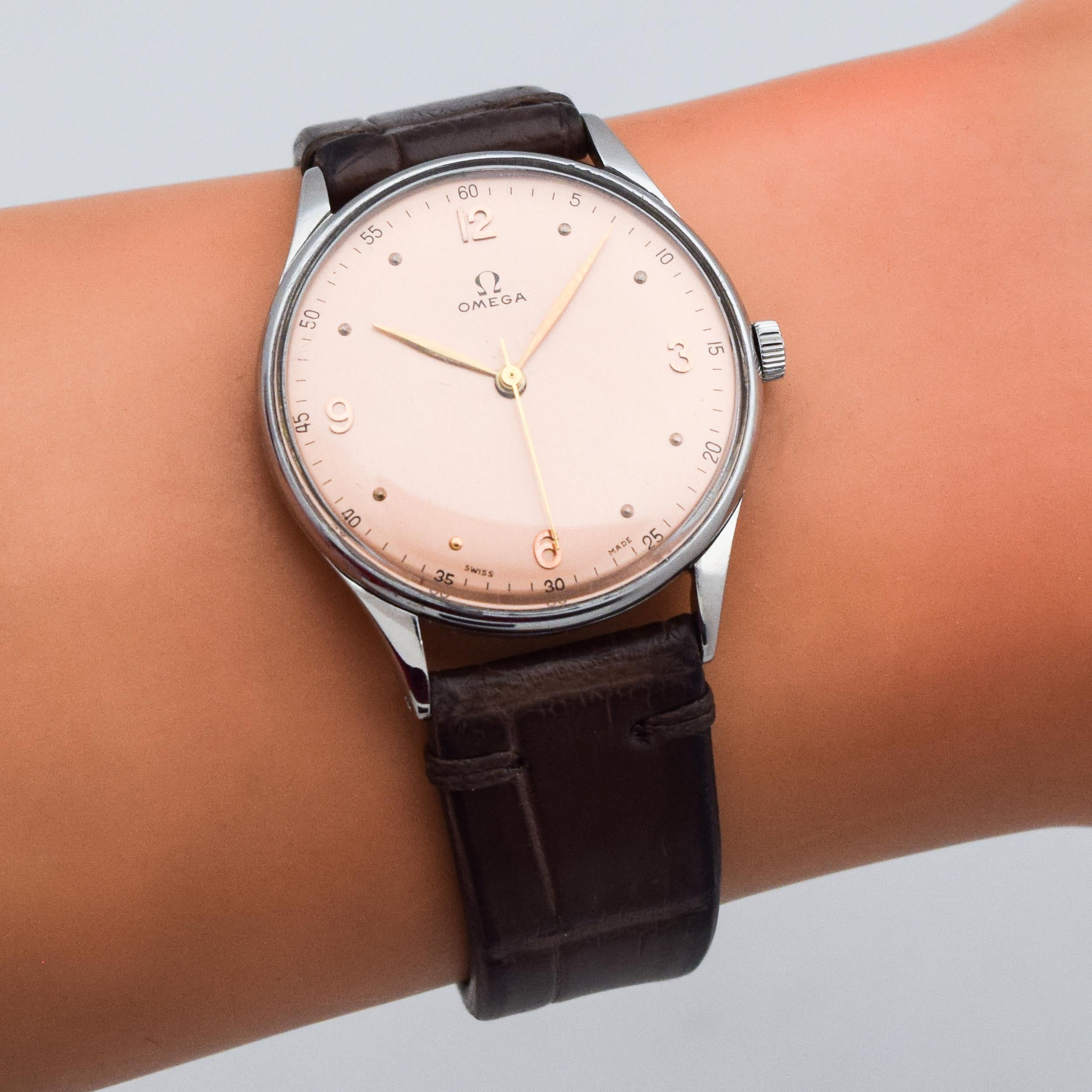 Vintage Omega Stainless Steel Watch with a Salmon Dial, 1947 For Sale 2