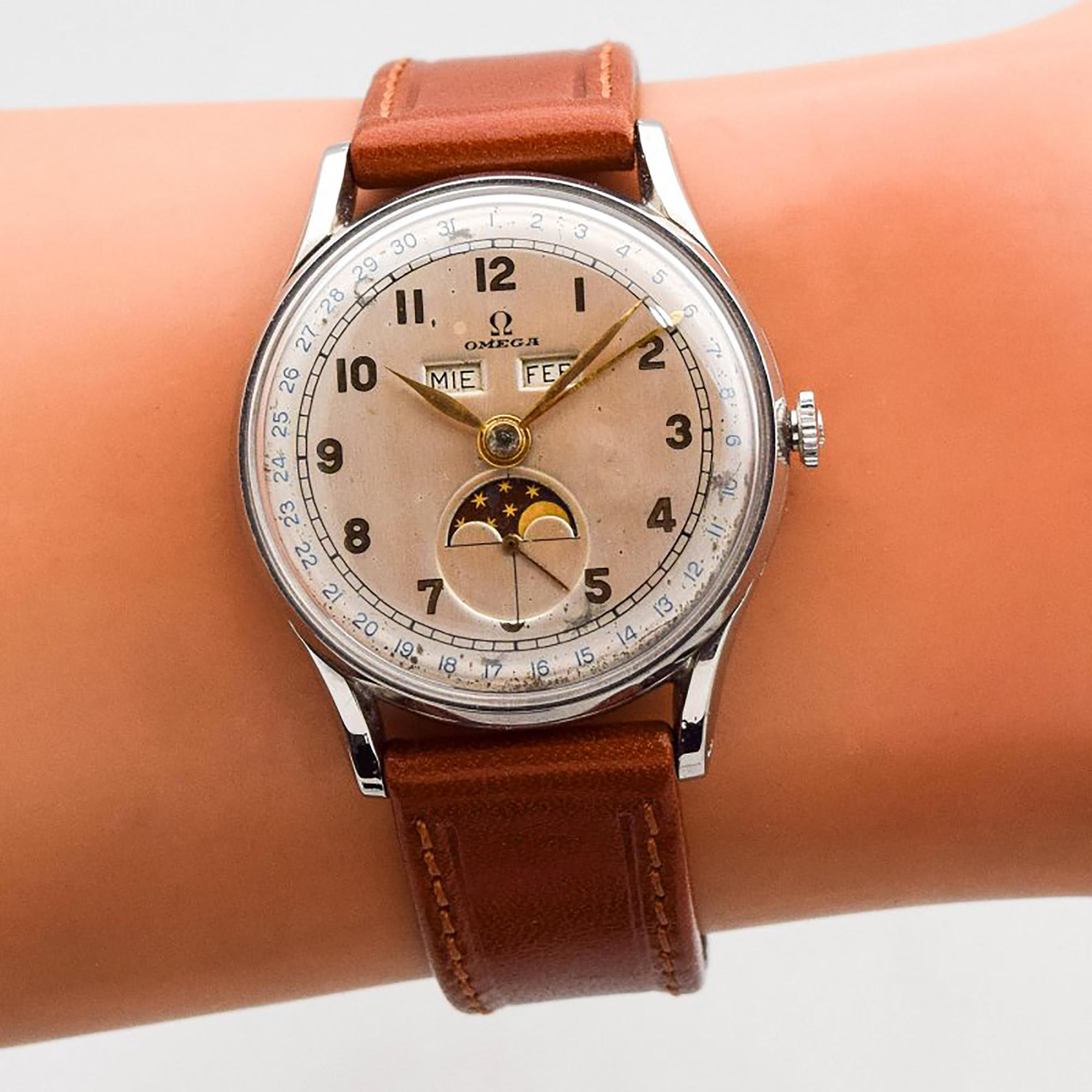Vintage Omega Triple Date Calendar Moonphase Stainless Steel Watch, 1946 1