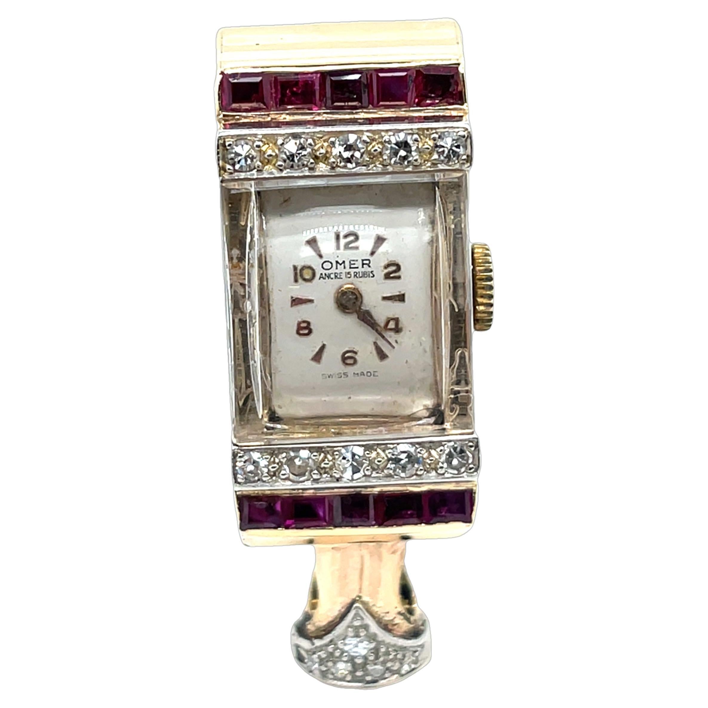 Montre Omer Vintage en or jaune 9ct avec pendentif diamant et rubis pour dames