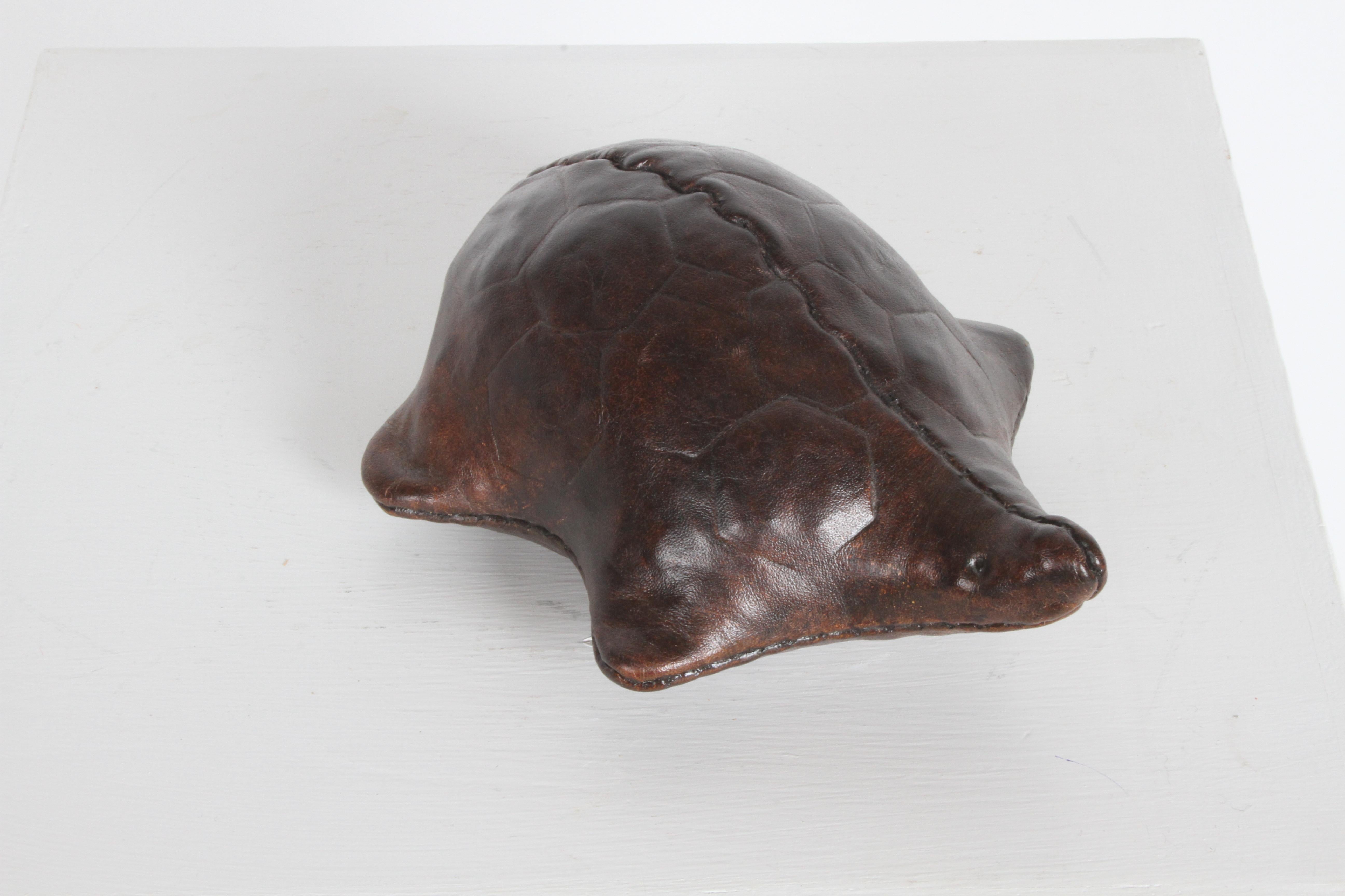 Vintage Dimitri Omersa embossed brown leather Turtle with label. Can be used as a paperweight or as decoration. Fun size. In fine condition, retains label.