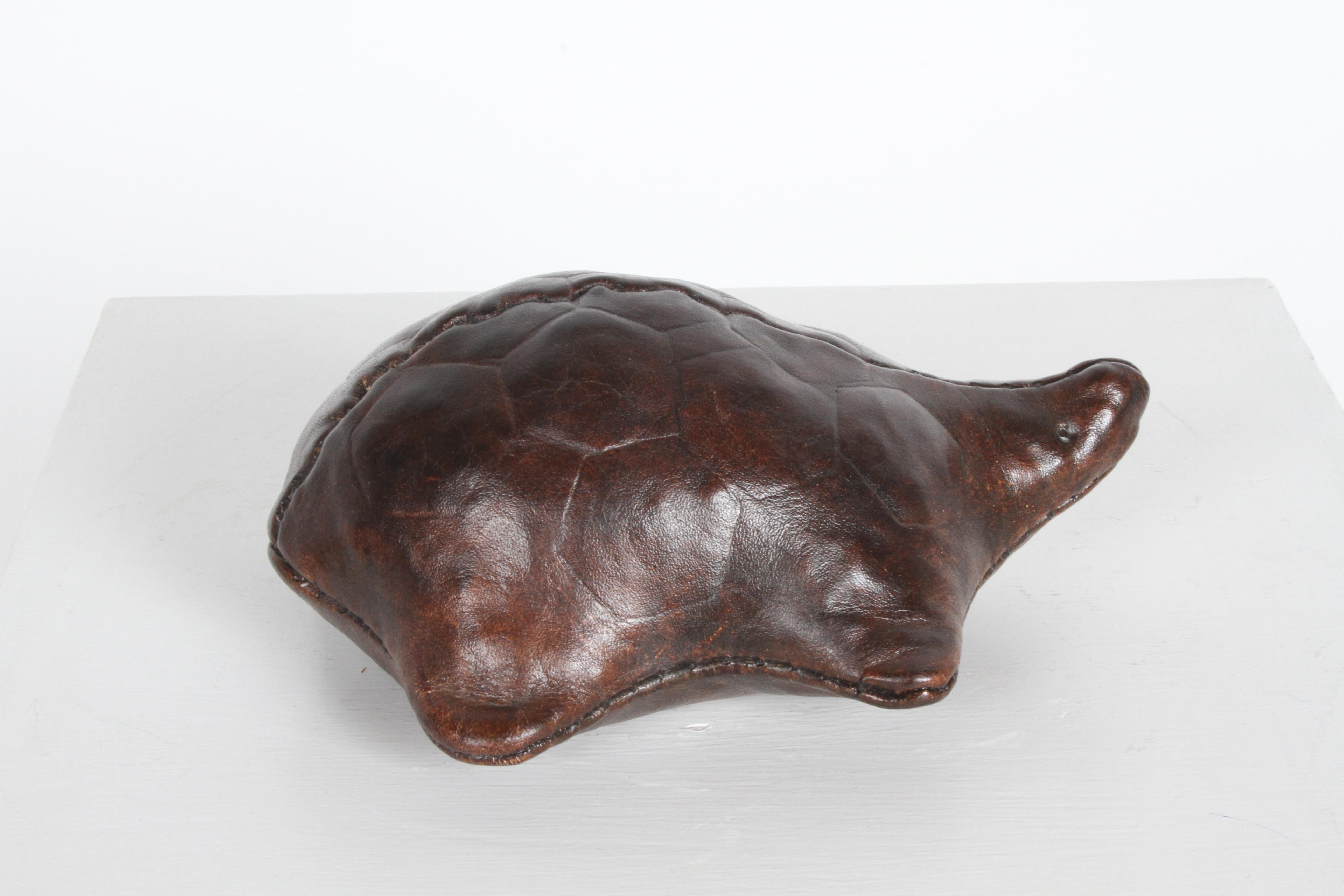 Mid-Century Modern Vintage Omersa Leather Turtle Use as Paperweight or Decorative, Retains Label For Sale