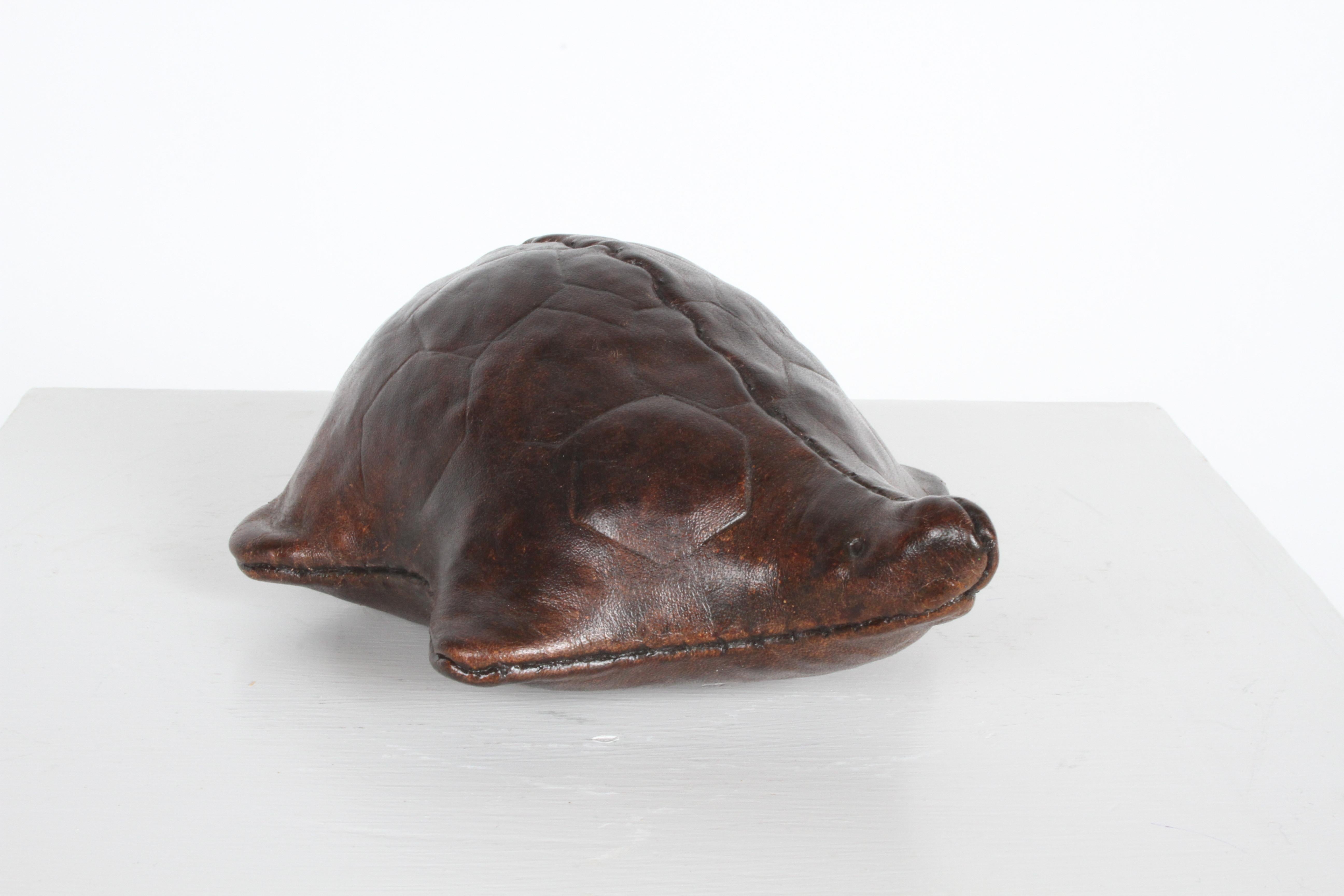 Late 20th Century Vintage Omersa Leather Turtle Use as Paperweight or Decorative, Retains Label For Sale