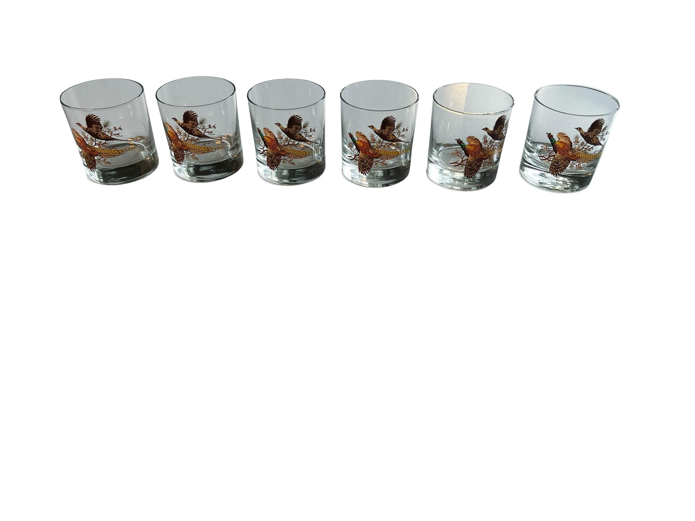 Set of six vintage on the rocks lowball glasses, flying pheasant pattern, Nice large retro mid-century barware! Circa 1950s.