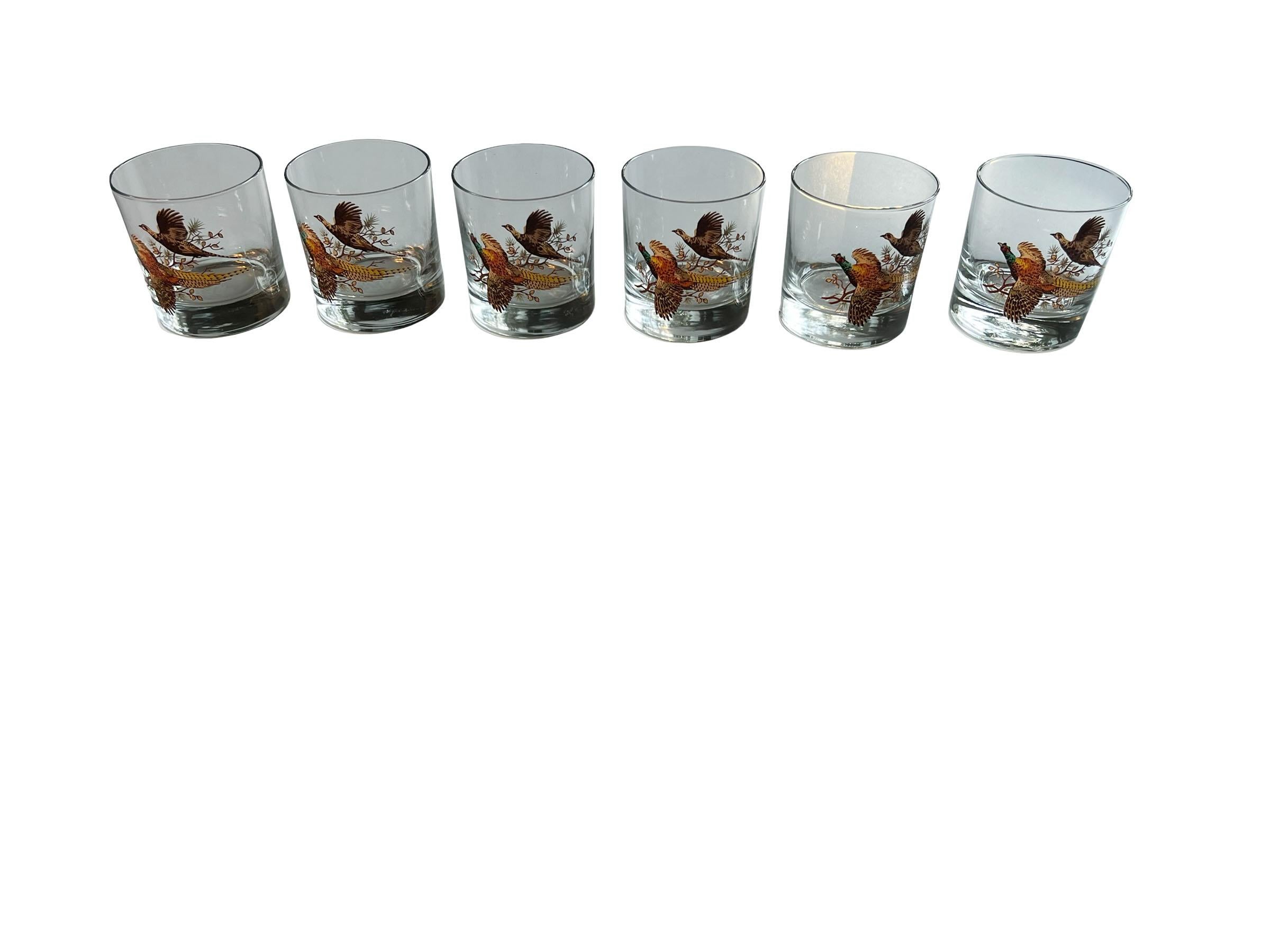 Set of six vintage on the rocks lowball glasses, flying pheasant pattern, Nice large retro mid-century barware! Circa 1950s.