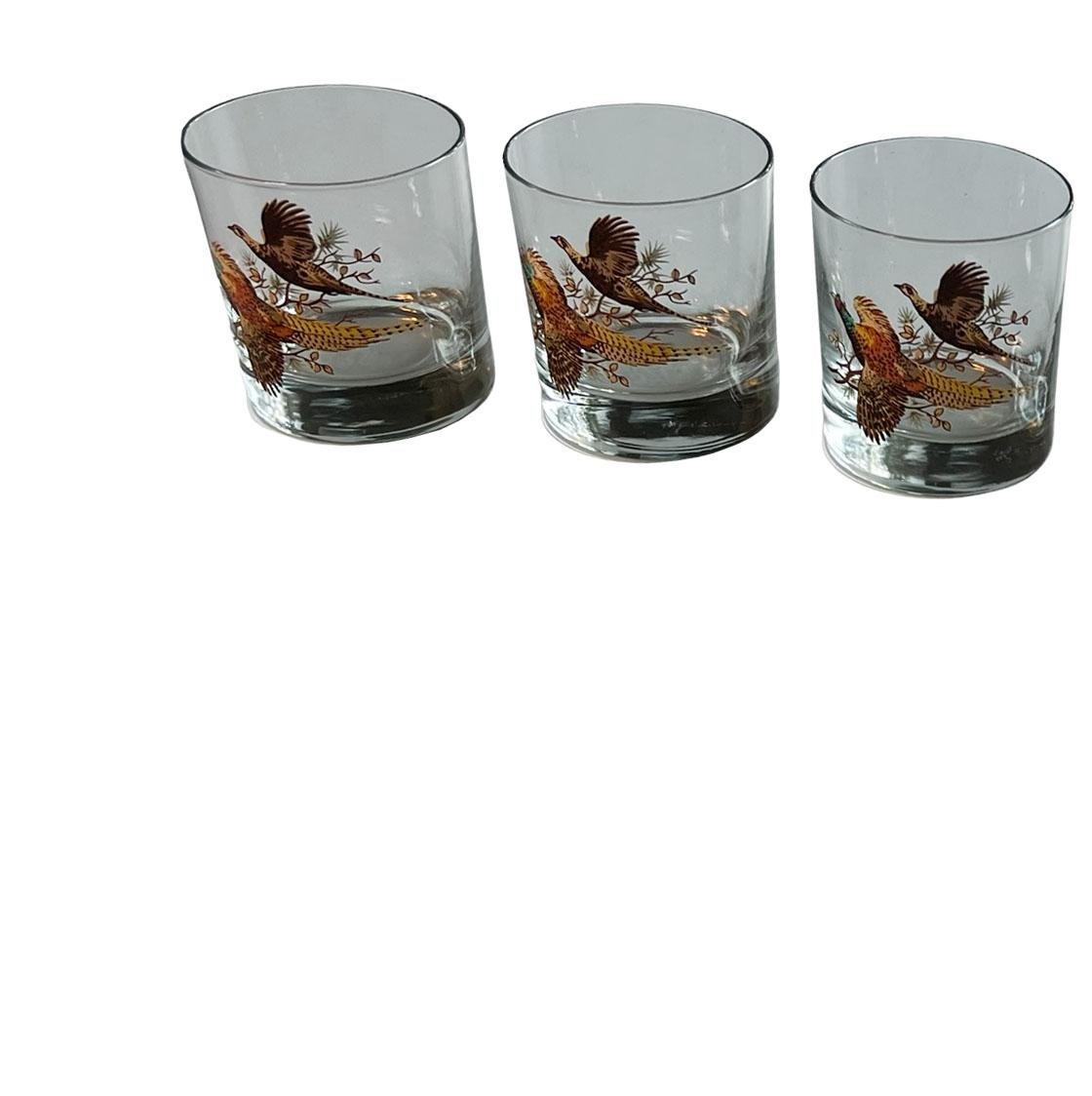 Mid-20th Century Vintage On The Rocks Lowball Glasses With Pheasants 