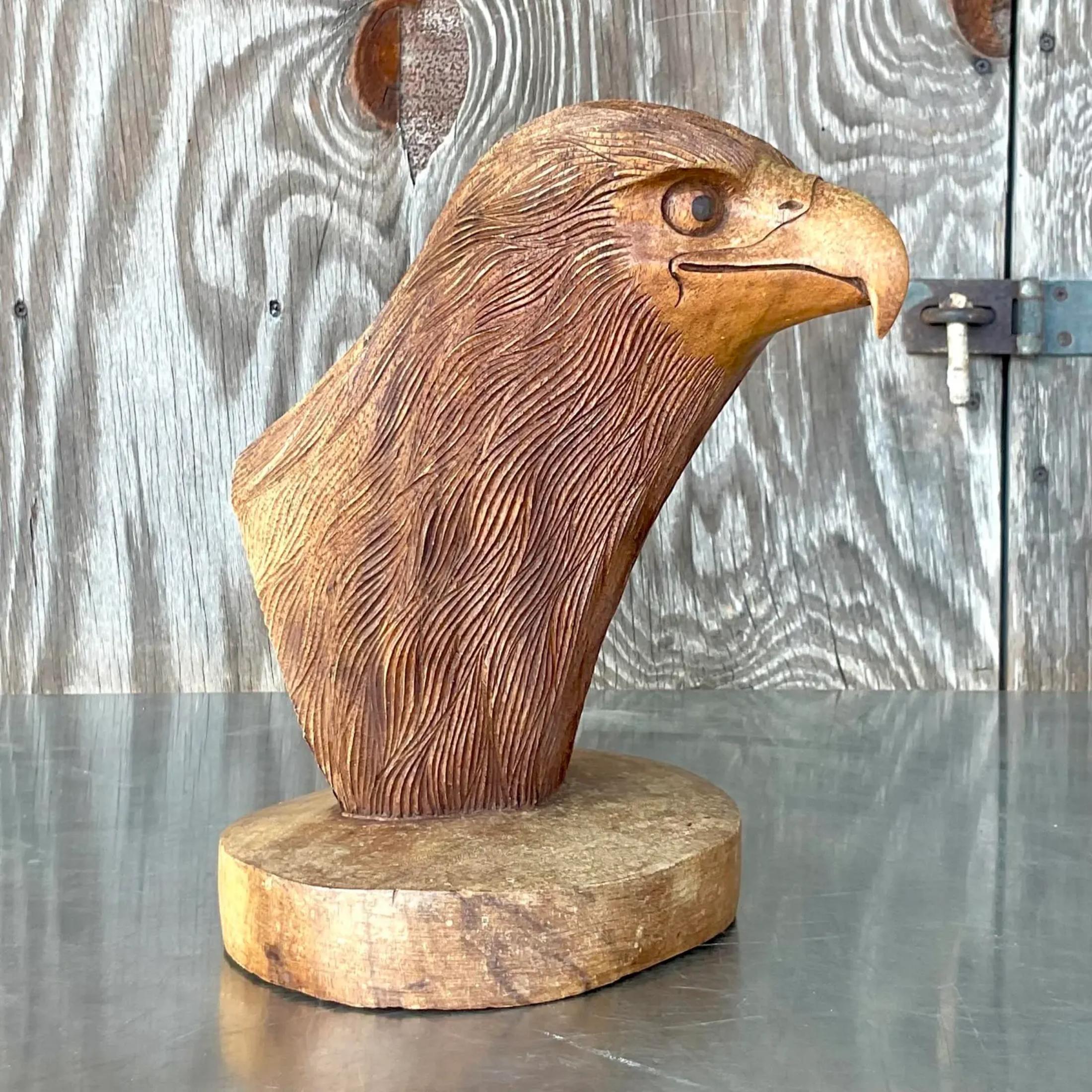 Bohemian Vintage. One Hand Carved Eagle Head Sculpture For Sale