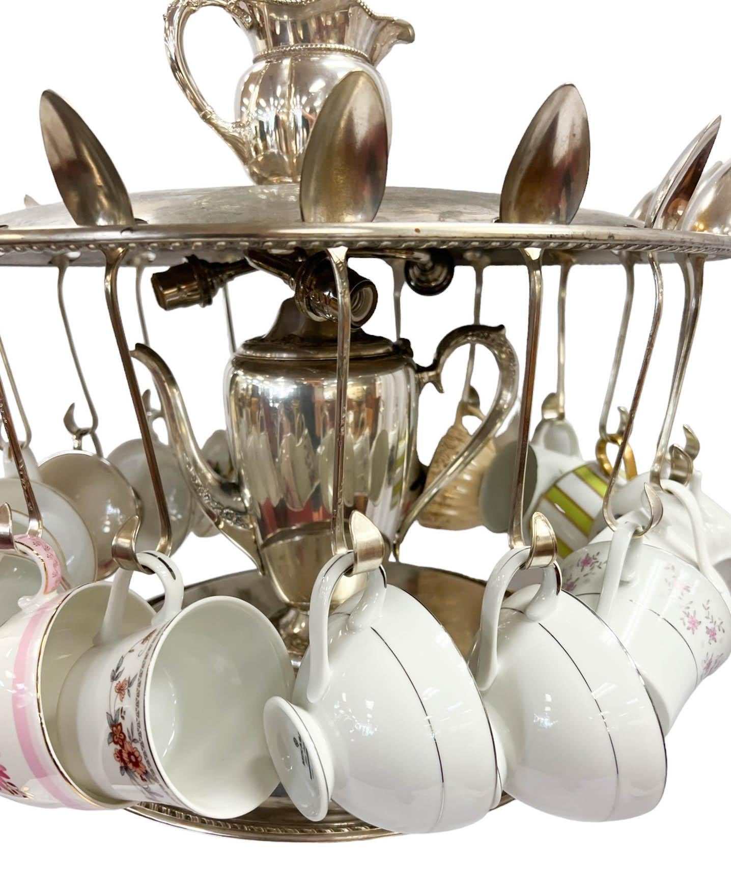 Silver Plate Vintage One-Of-A-Kind Handcrafted Teacup Chandelier For Sale