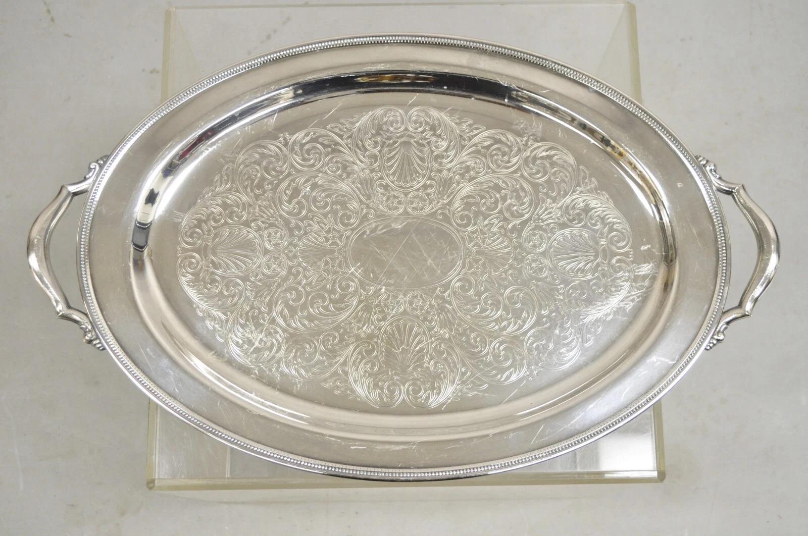 Vintage Oneida Edwardian Style versilbert Oval geätzt Servierplatte Tablett im Angebot 5