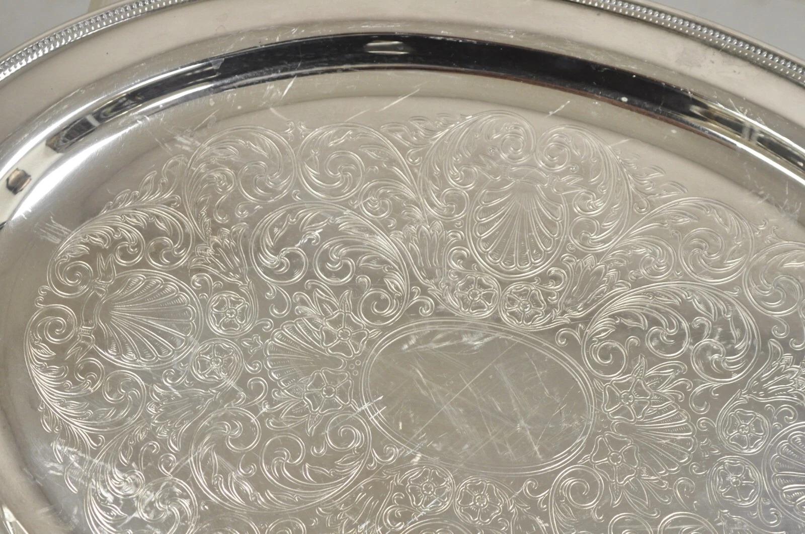 Vintage Oneida Edwardian Style versilbert Oval geätzt Servierplatte Tablett im Zustand „Gut“ im Angebot in Philadelphia, PA