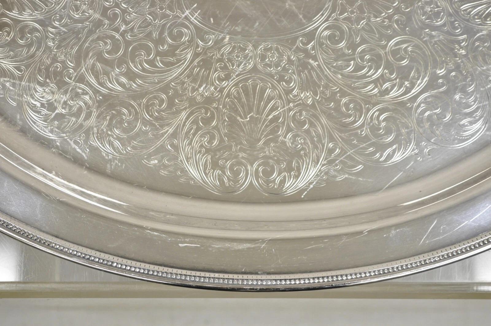 Vintage Oneida Edwardian Style versilbert Oval geätzt Servierplatte Tablett (Versilberung) im Angebot