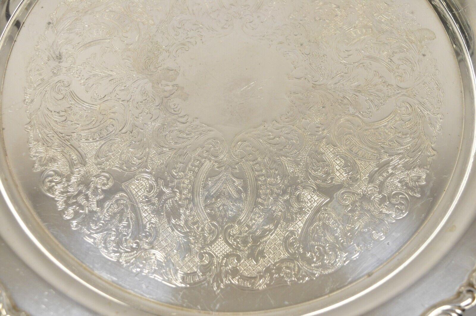 Vintage Oneida Georgian Scroll Silver Plated Round Etched Serving Platter Tray In Good Condition In Philadelphia, PA