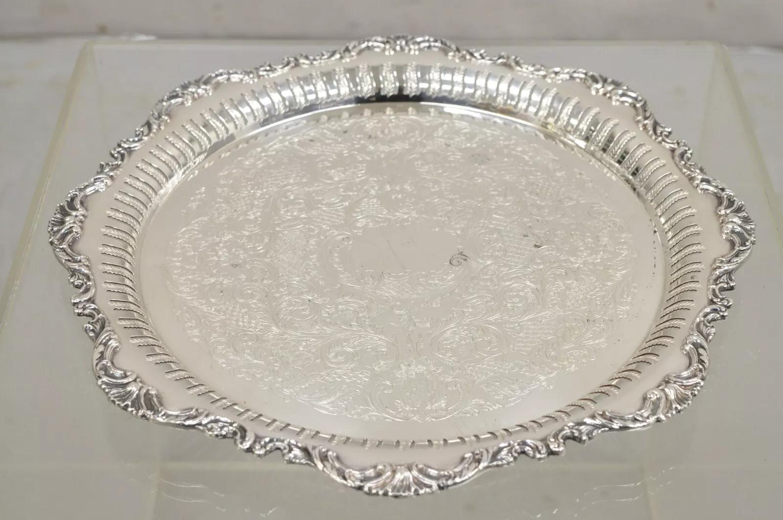 Vintage Oneida LTD Ascot Victorian Style Silver Plated Round Serving Platter Tray. Circa Mid 20th Century. Measurements: 1