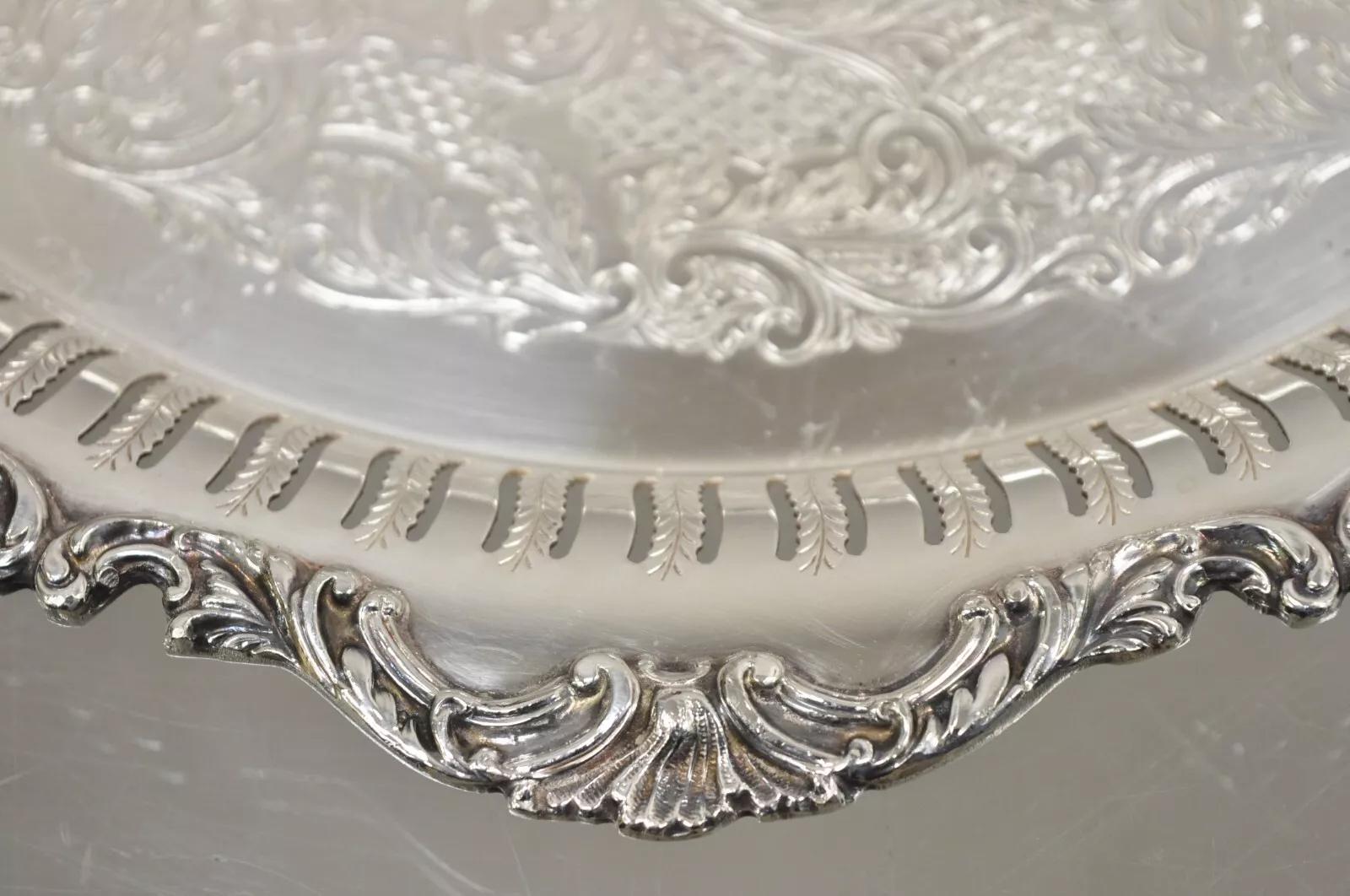 Vintage Oneida LTD Ascot Victorian Style Silver Plated Round Platter Tray In Good Condition In Philadelphia, PA