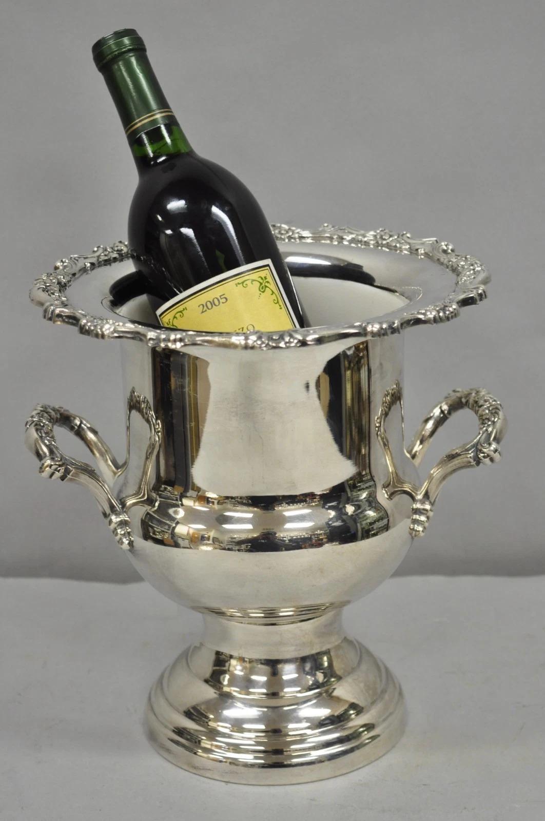 Vintage Oneida Silver Plated Trophy Cup Urn Champagne Wine Chiller Ice Bucket with Removable Plastic Liner. Circa Late 20th Century. Measurements: 10.5