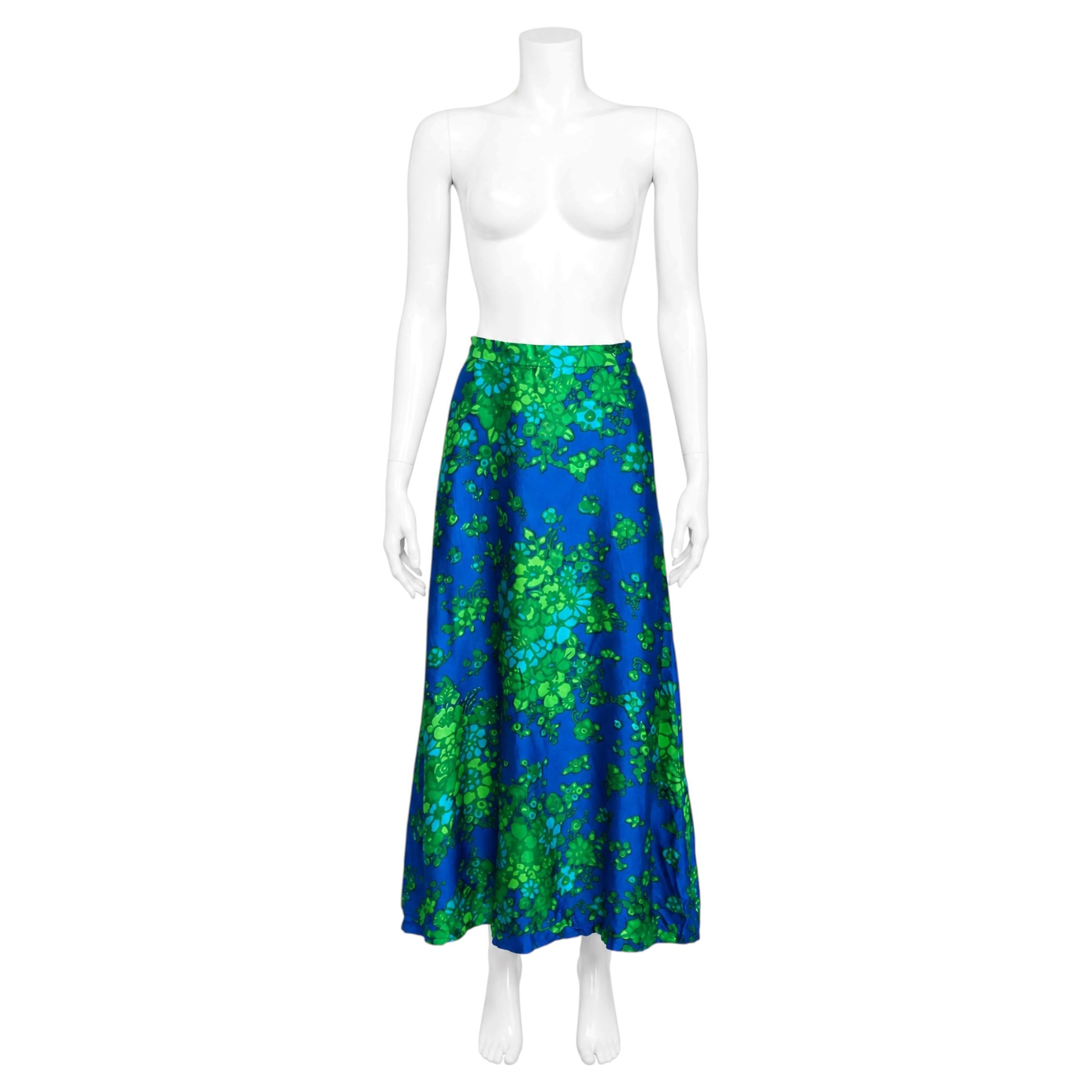 Vintage Onondaga Seiden Maxirock Cobalt Floral Print Größe 8 1970er Whitney Shop