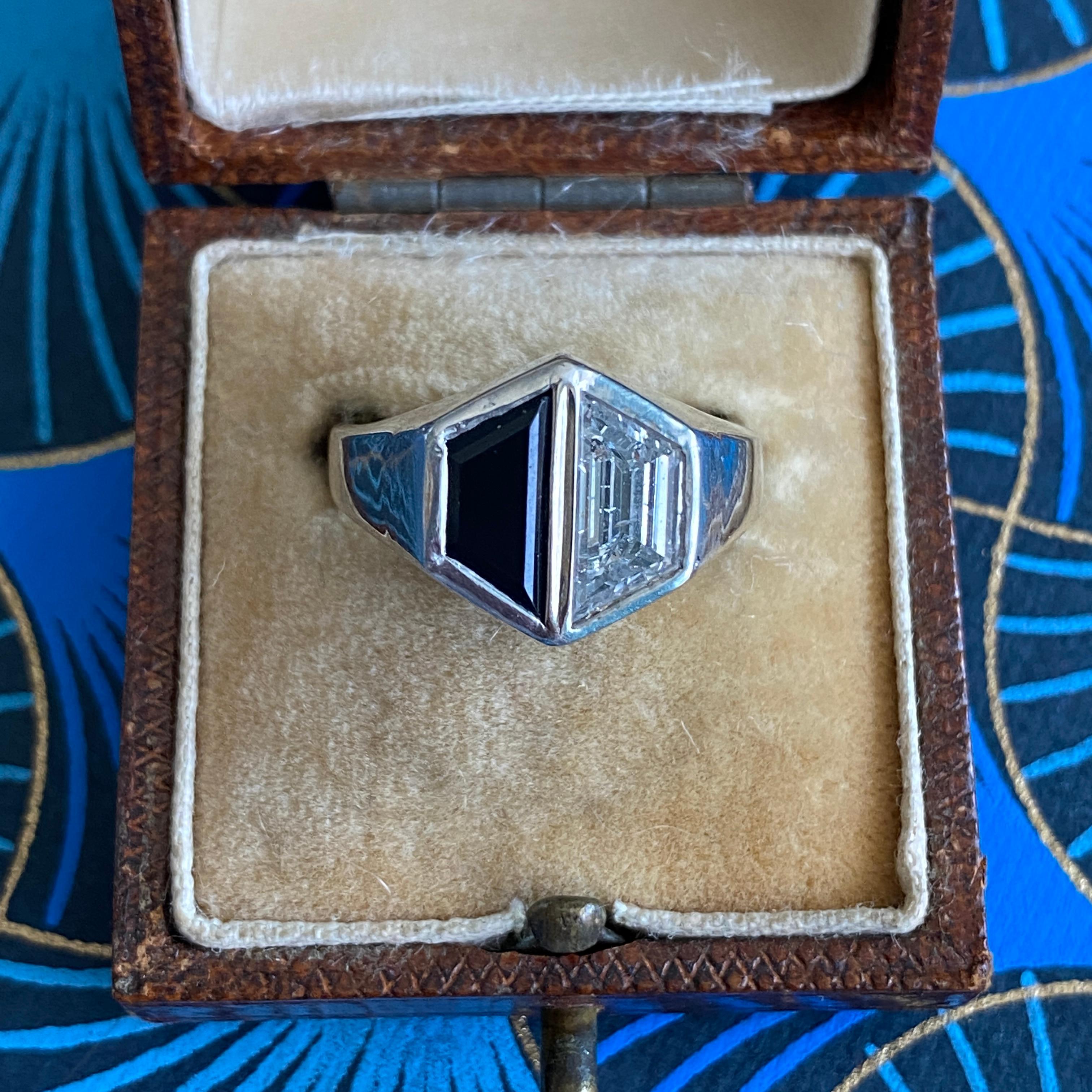 Trapezoid Cut Vintage Onyx & 1.27ct Diamond 18K White Gold Ring For Sale