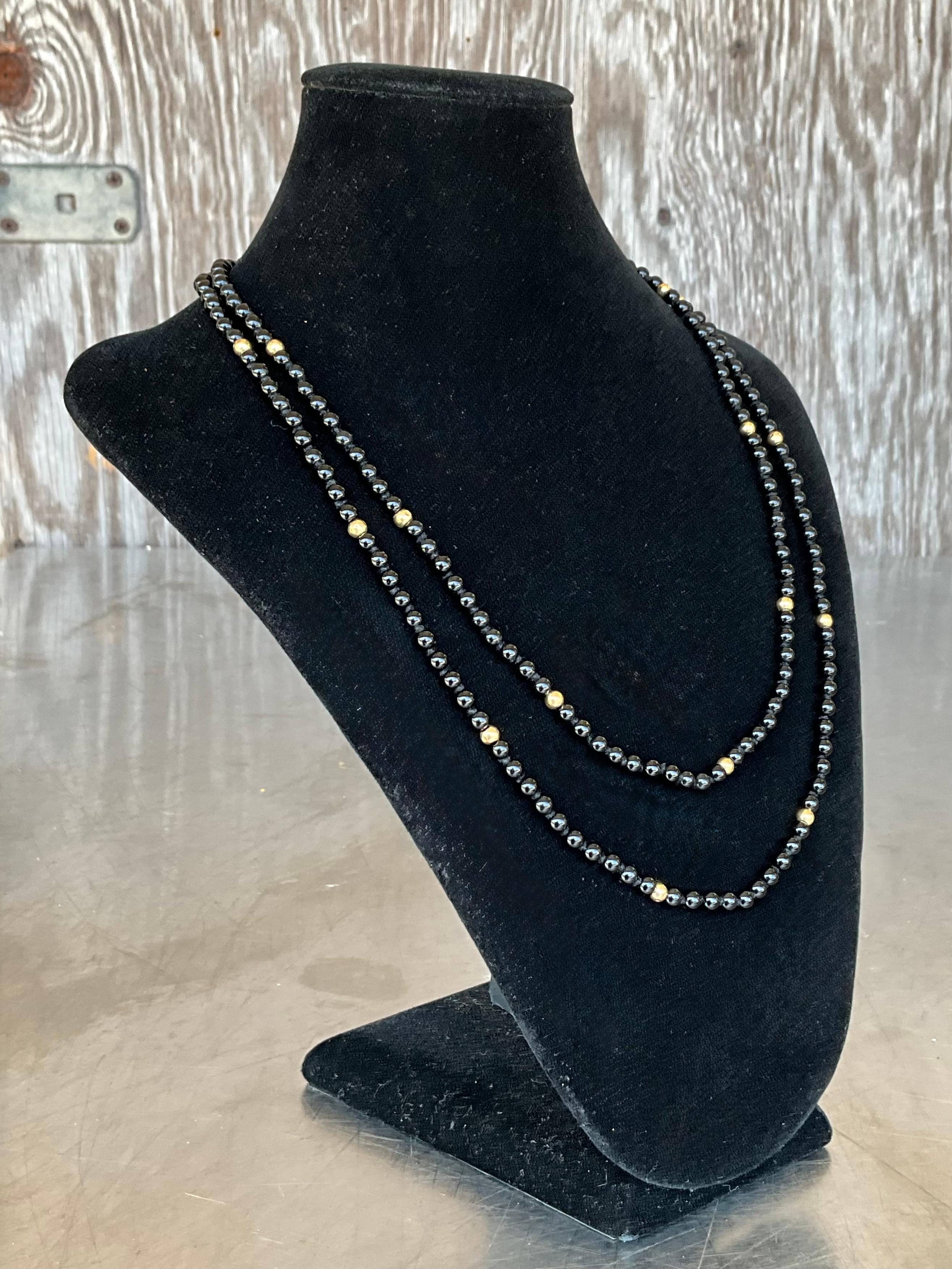 da uomo o donna Collana di perline d'epoca in onice e oro 14k con chiusura a moschettone in vendita