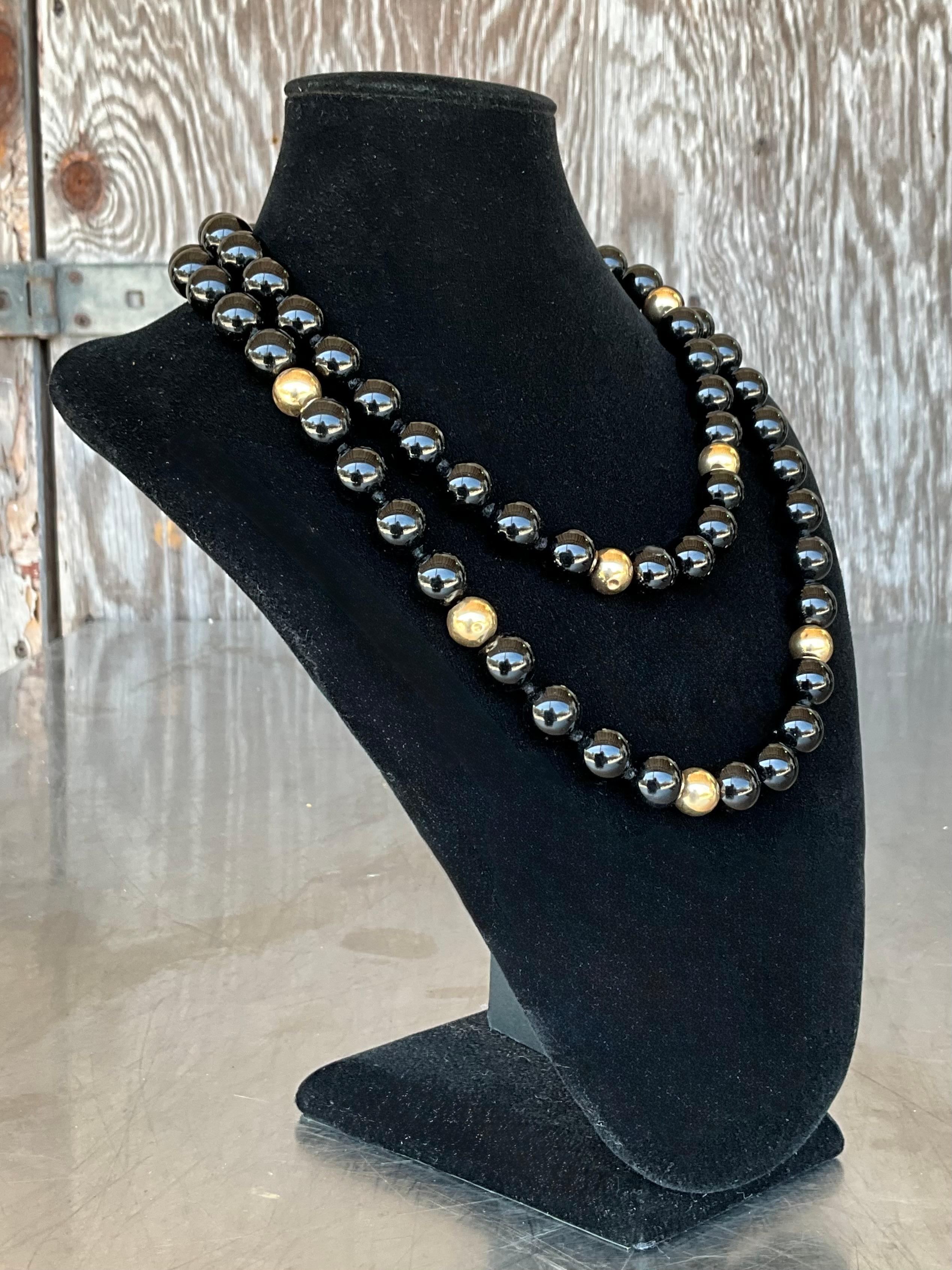 da uomo o donna Collana con perline in onice e oro 14k vintage con chiusura a moschettone in vendita