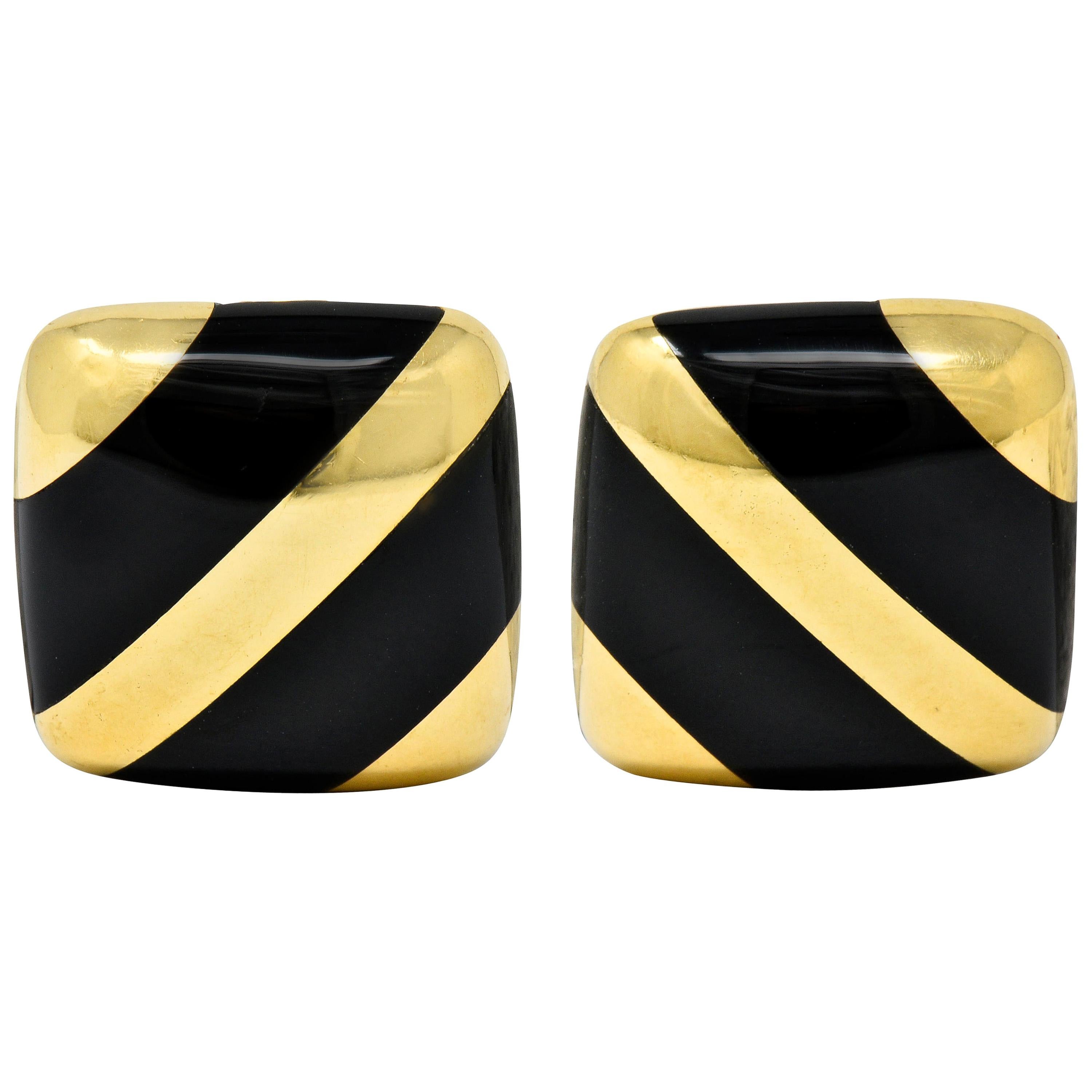 Vintage Onyx 18 Karat Gold Striped Cushion Earrings Contemporary