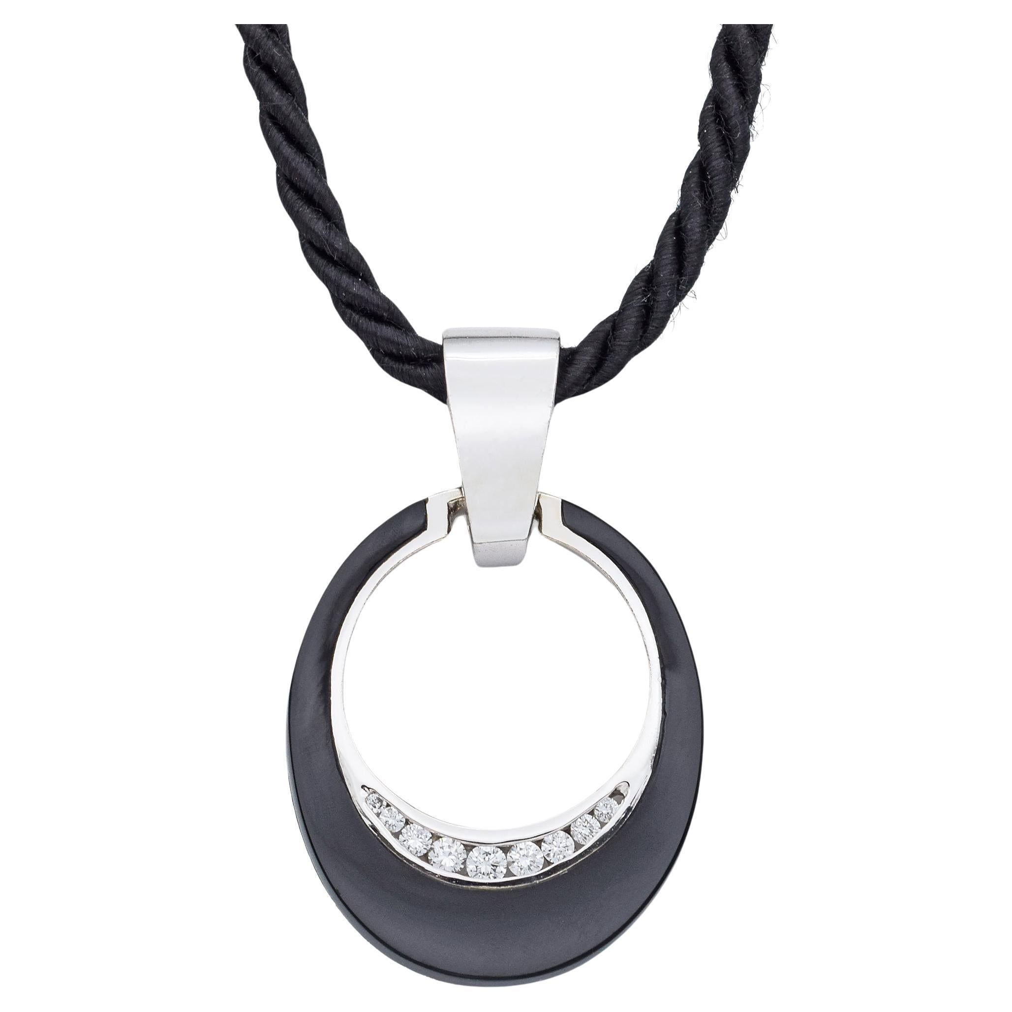 Estate Onyx and 0.27TCW Diamond White Gold Pendant & Cord Necklace For Sale