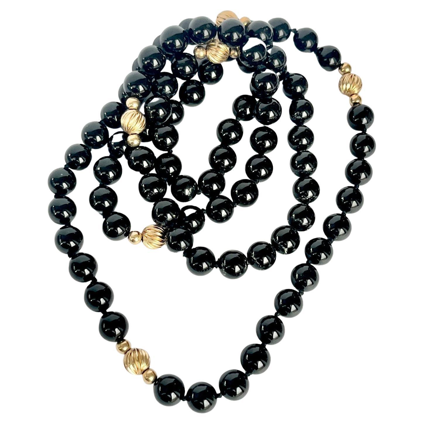 Vintage Onyx and 9 Carat Gold Beaded Necklace For Sale