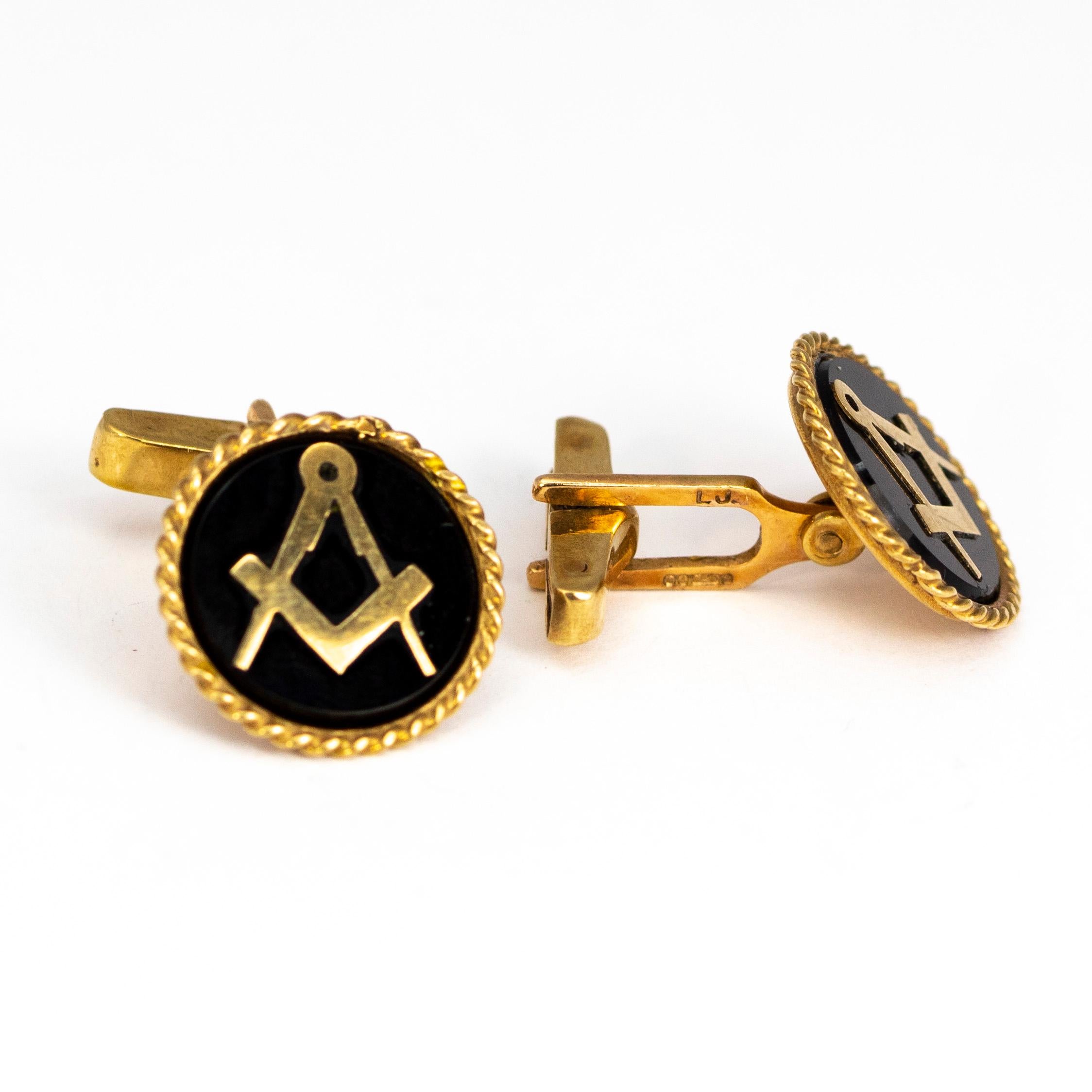 Set with deep glossy onyx, these cuff links have fine gold masonic images on them. The yellow gold used in these are 9ct gold.

Diameter: 18mm

Weight: 8.2g
