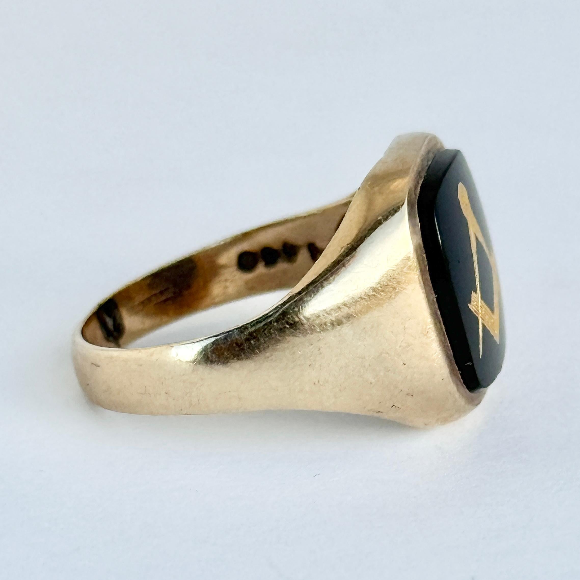 da uomo o donna Anello massonico d'epoca con onice e oro a 9 carati in vendita