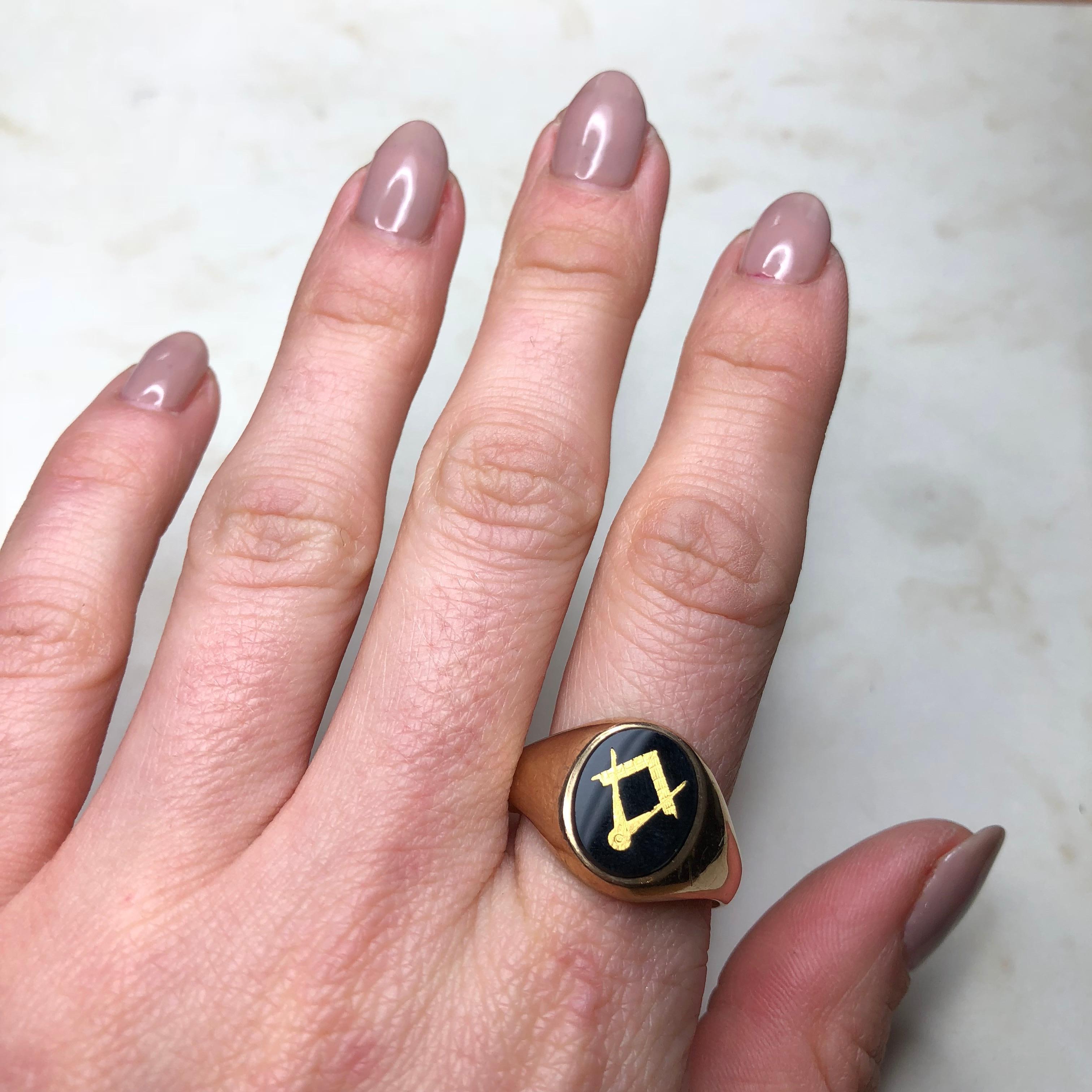 Modern Vintage Onyx and 9 Carat Gold Masonic Signet Ring