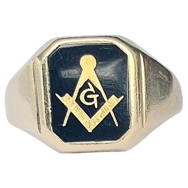 Vintage Onyx and 9 Carat Gold Masonic Signet Ring For Sale