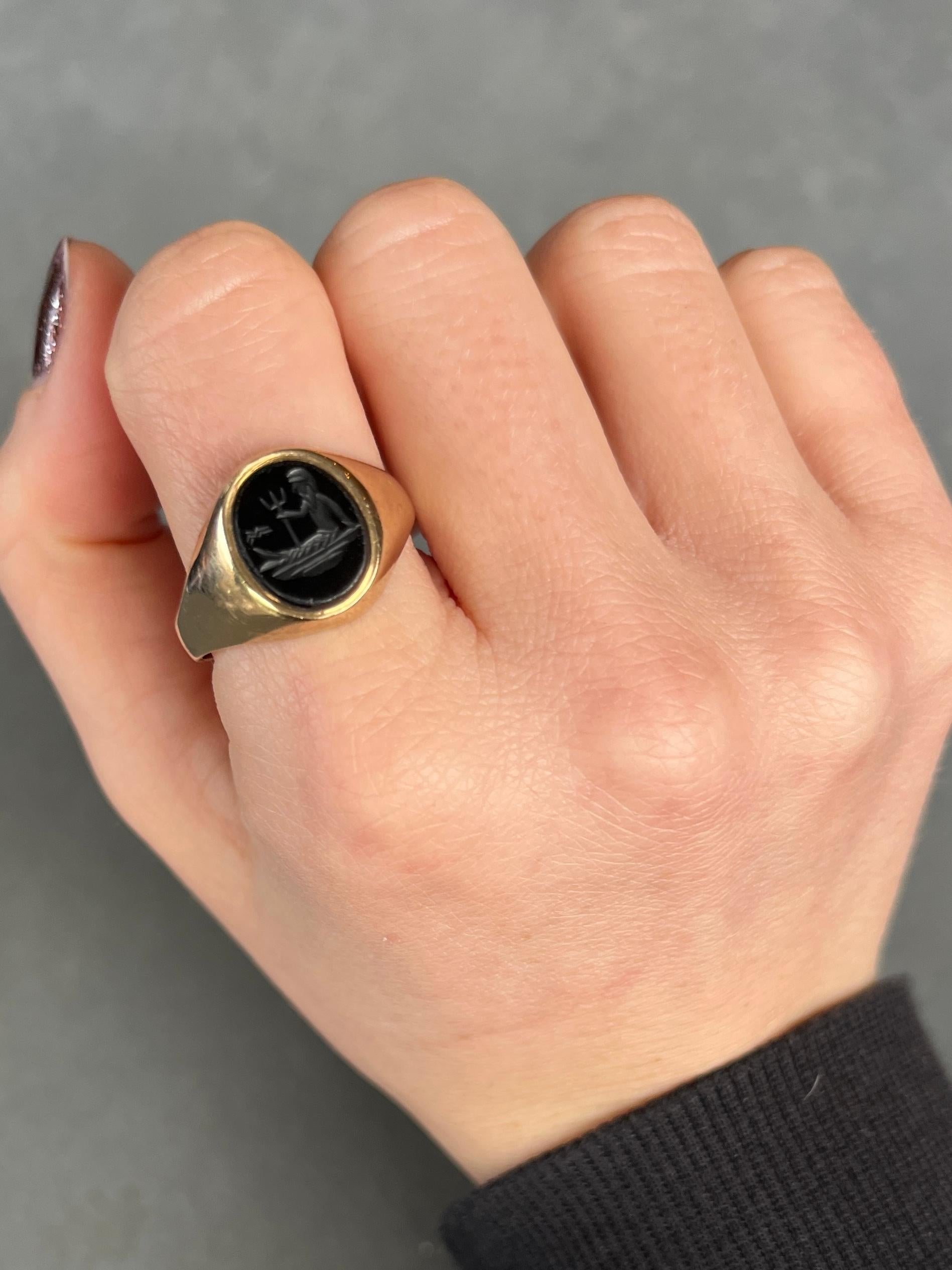Oval Cut Vintage Onyx and 9 Carat Gold Merman Signet Ring For Sale