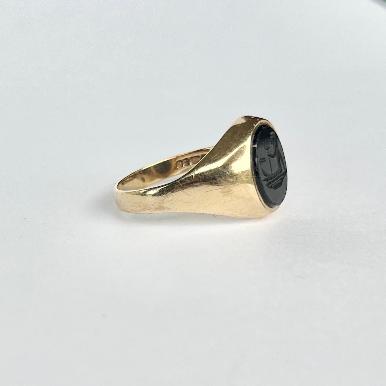 Women's or Men's Vintage Onyx and 9 Carat Gold Merman Signet Ring For Sale