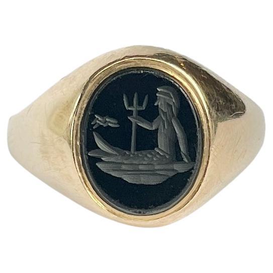 Vintage Onyx and 9 Carat Gold Merman Signet Ring For Sale