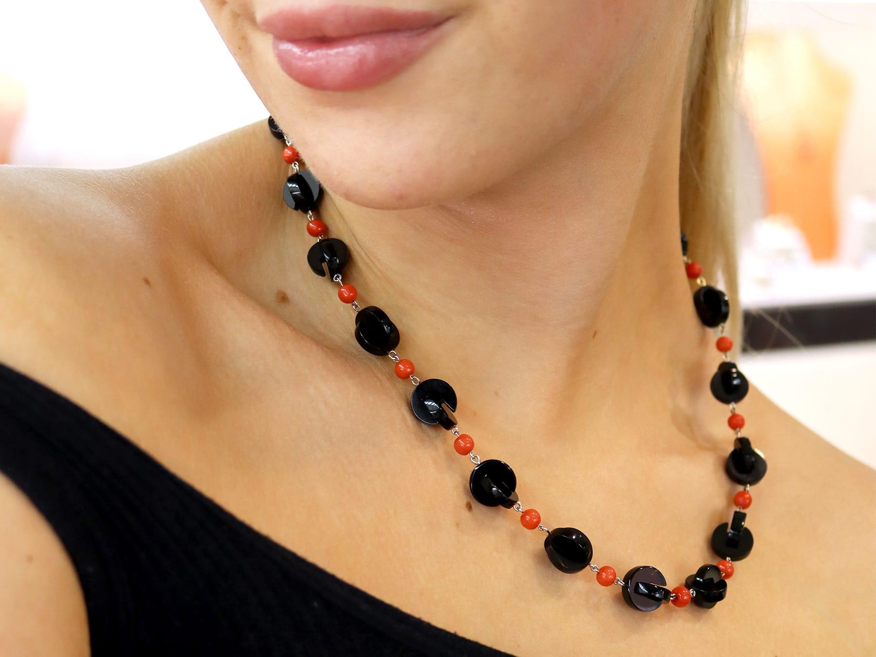 Bead Vintage Onyx and 9.50 Carat Coral Necklace For Sale
