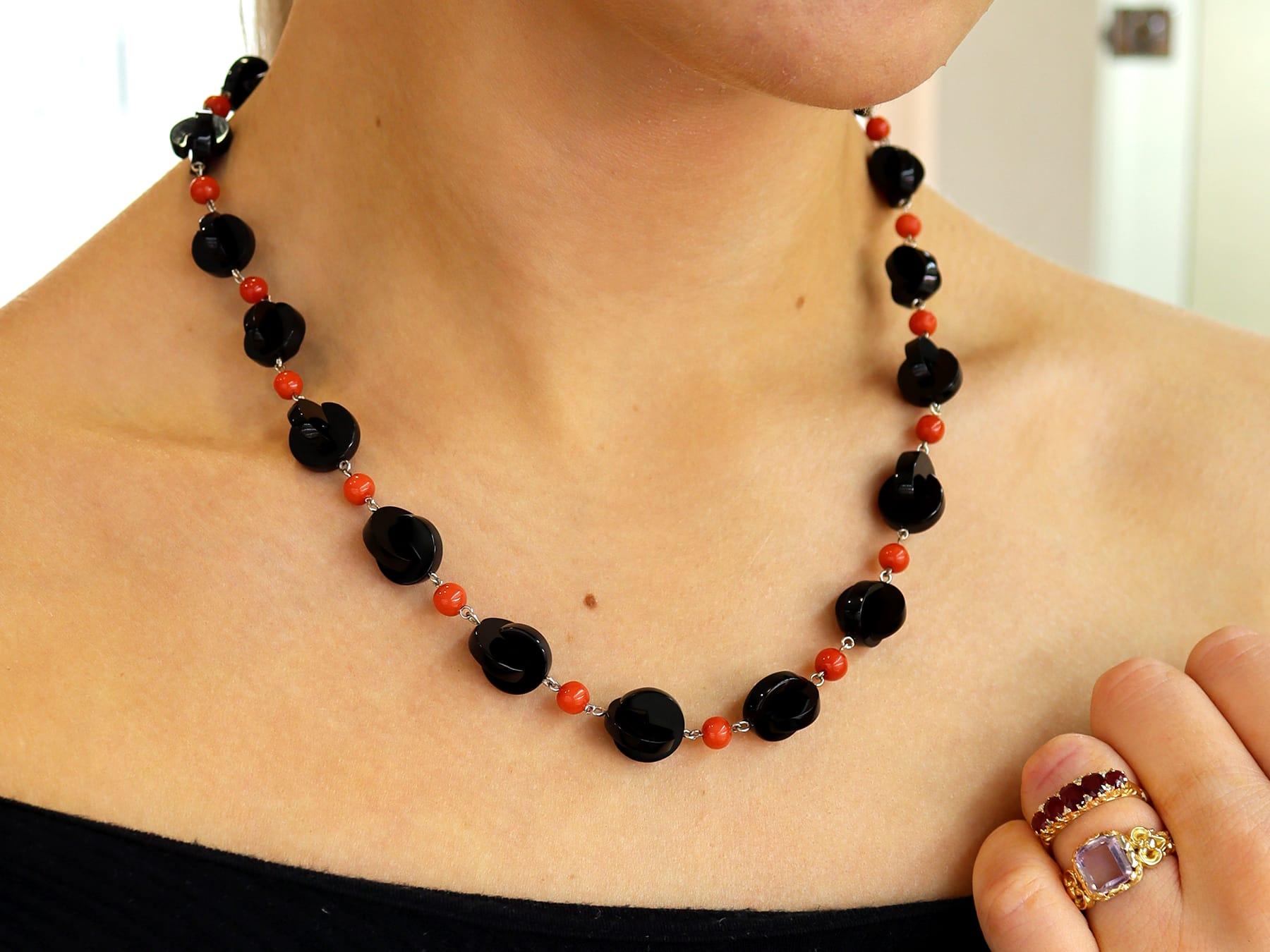 Women's or Men's Vintage Onyx and 9.50 Carat Coral Necklace For Sale