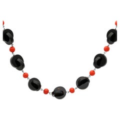 Vintage Onyx and 9.50Ct Coral, Silver Necklace Circa 1940