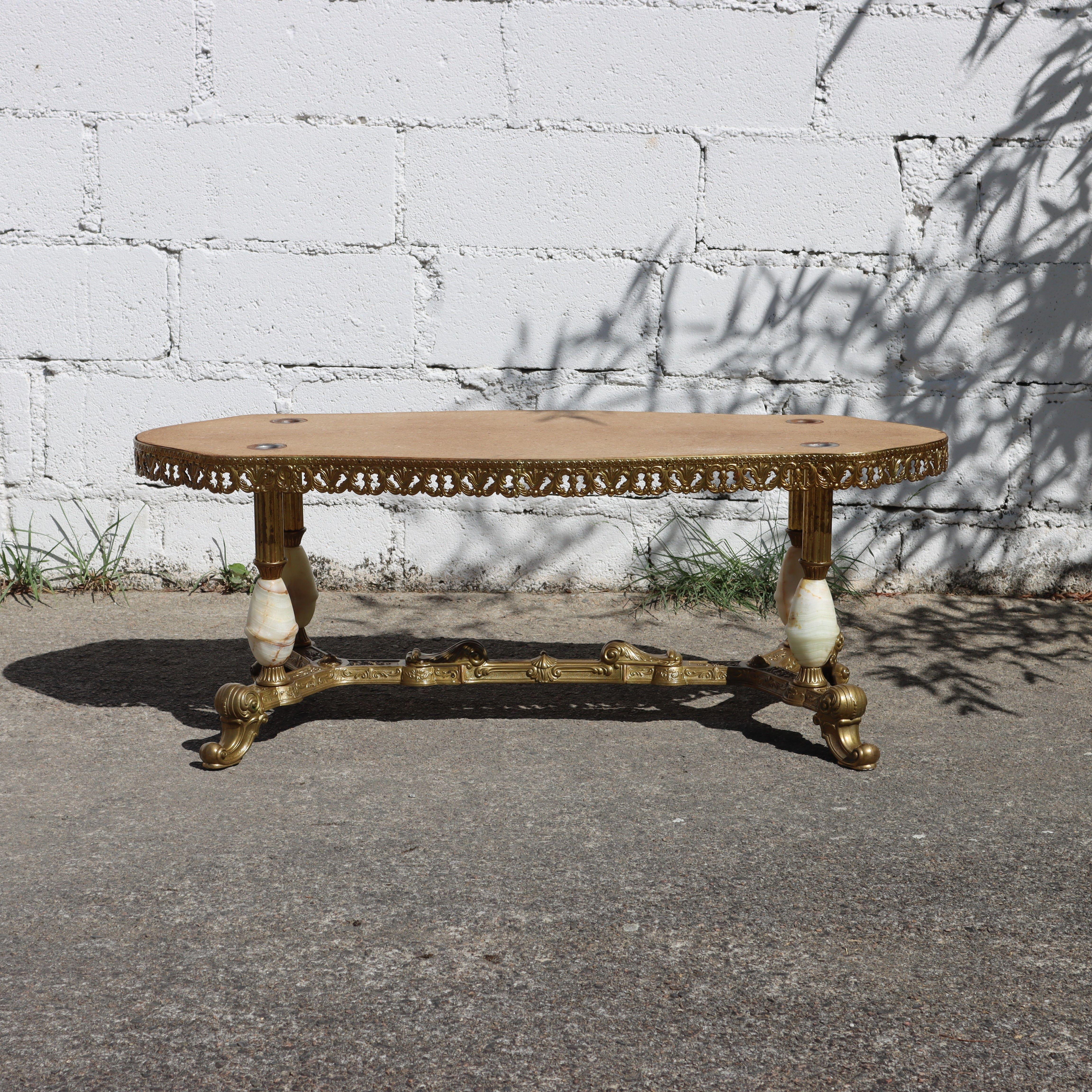 Mesa baja vintage de ónice y latón-Mesa de salón-Mesa de cóctel-Estilo rococó-60 Francés
