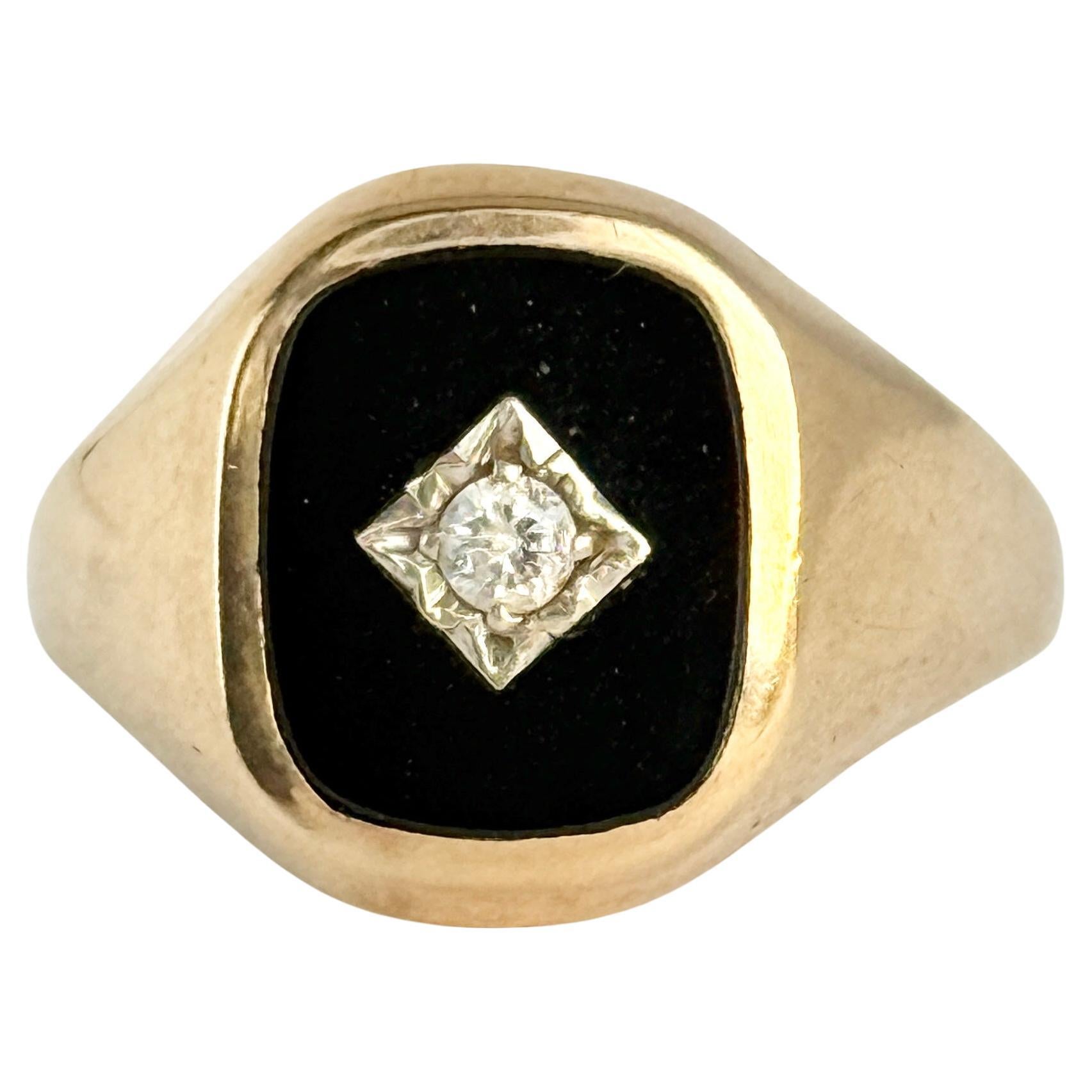 Anello con sigillo in oro 9 carati con onice e diamanti d'epoca