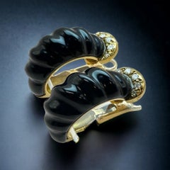 Vintage Onyx and Diamond Clip On Earrings 18 Karat Yellow Gold