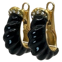 Vintage Onyx and Diamond Clip On Earrings 18 Karat Yellow Gold