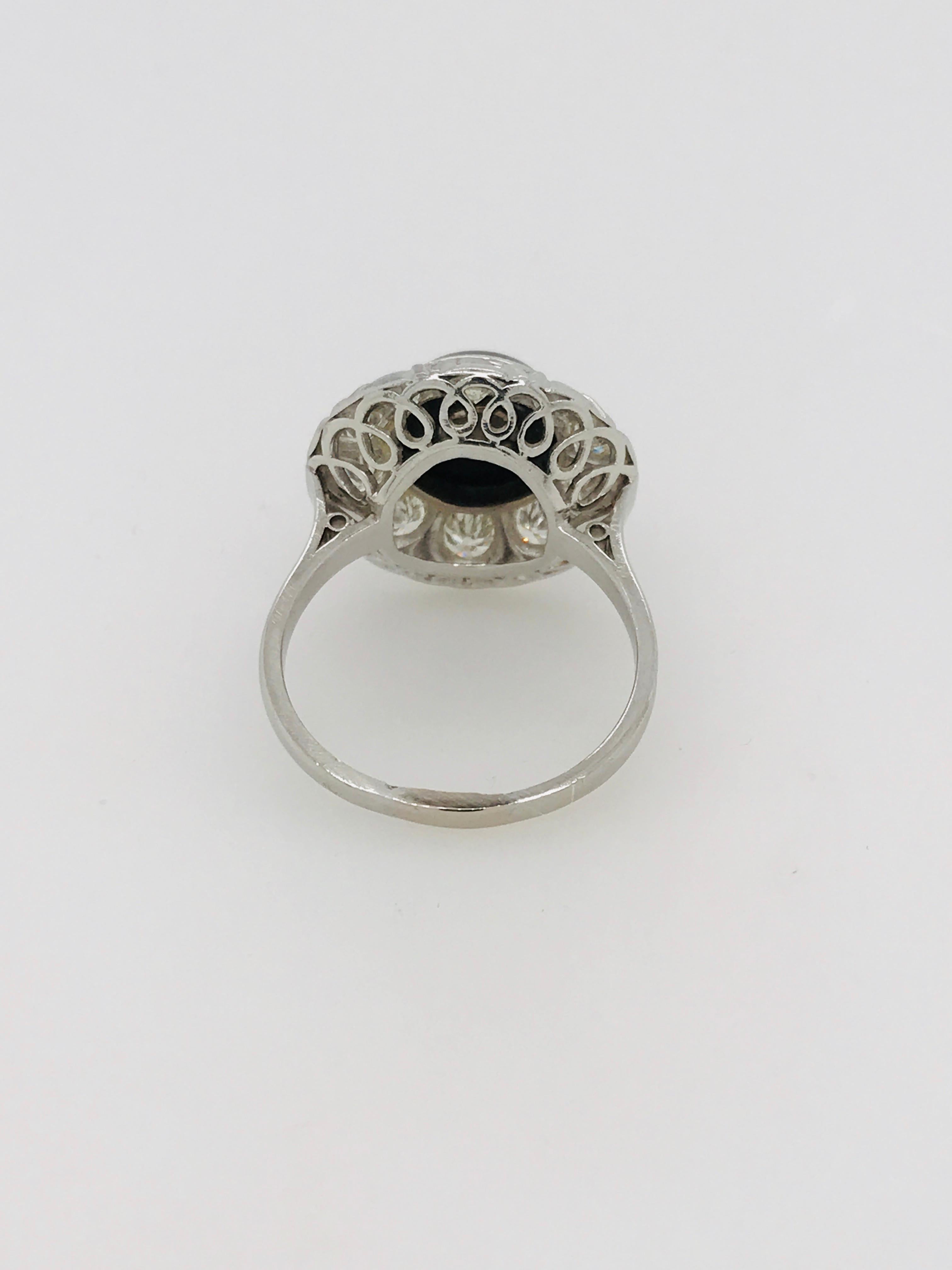 Retro Vintage Onyx and Diamond Domed Cluster Ring in Platinum, French, circa 1950 For Sale