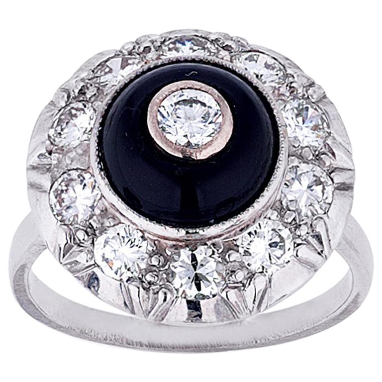 Vintage Onyx and Diamond Domed Cluster Ring in Platinum, French, circa 1950 For Sale
