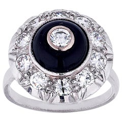 Vintage-Cluster-Ring aus Platin mit Onyx und Diamanten, französisch, um 1950