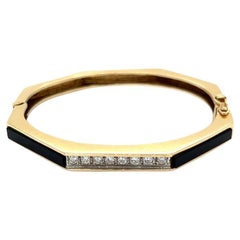 Vintage Onyx and Diamond Geometric Octagon Gold Bangle Bracelet