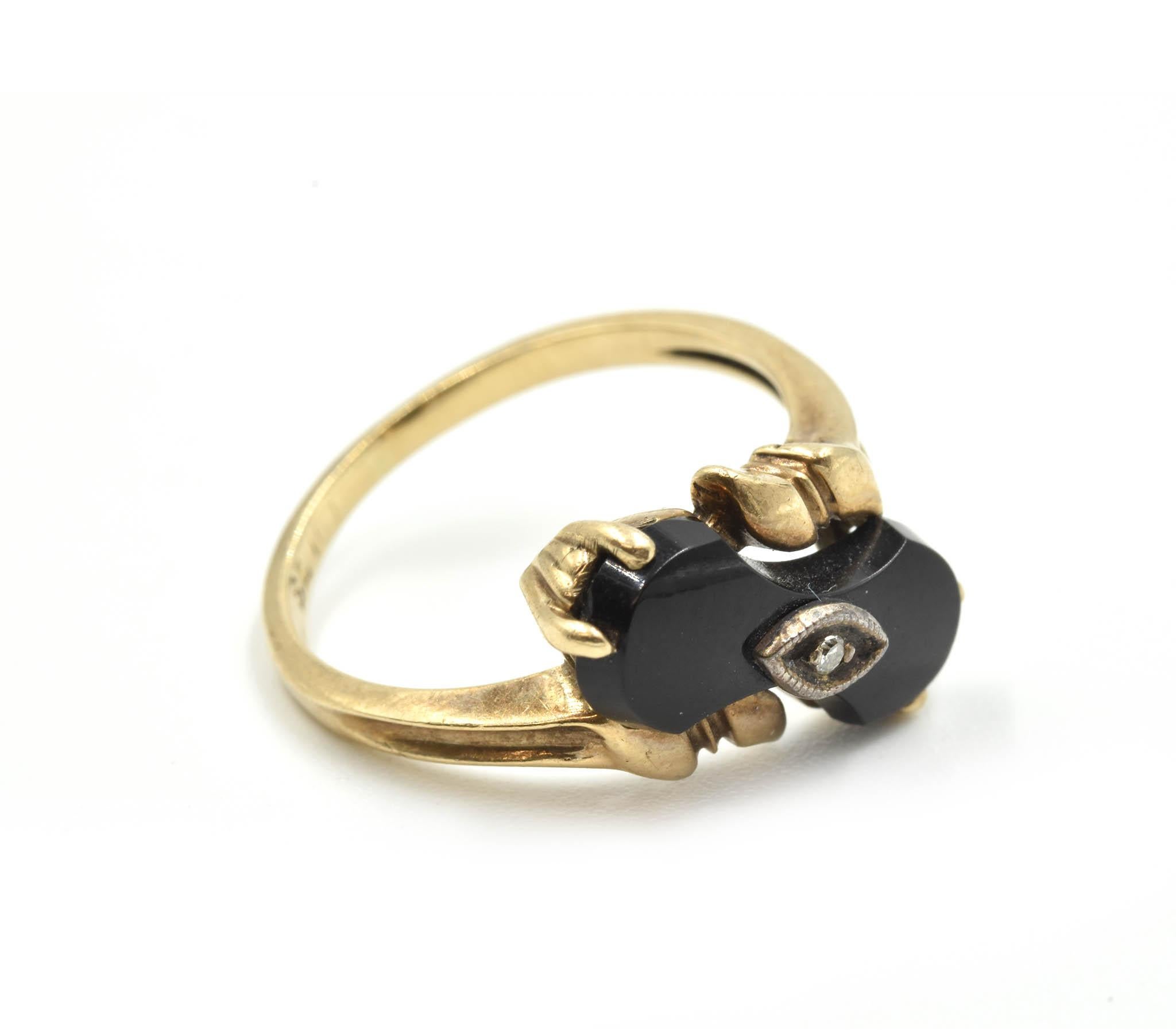 Art Deco Vintage Onyx and Diamond Ring 10 Karat Yellow Gold