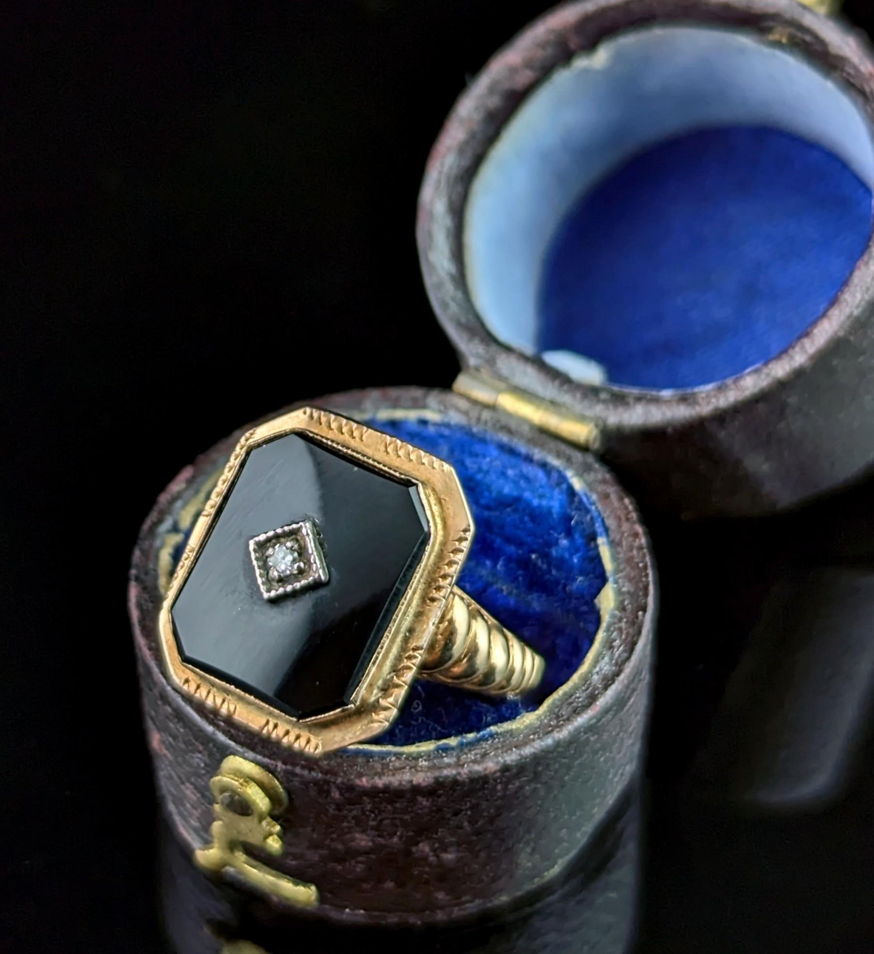 Single Cut Vintage Onyx and Diamond signet ring, 14k yellow gold