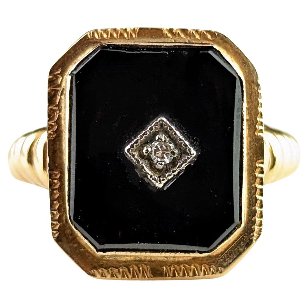 Vintage Onyx and Diamond signet ring, 14k yellow gold