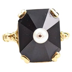 Retro Onyx and pearl cocktail ring, 18k gold, Art Deco style 